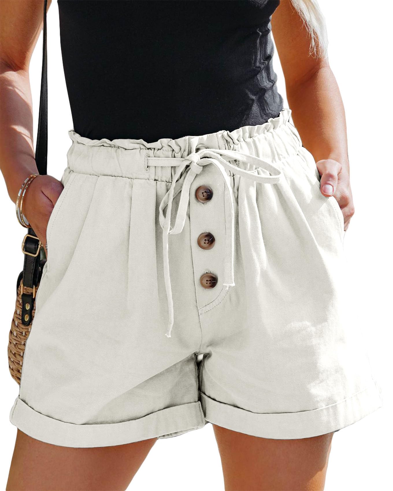 Damen Shorts Hohe Taille Paperbag Kurze Hose Lose A Linie Sommerhose mit Weiten Beinen