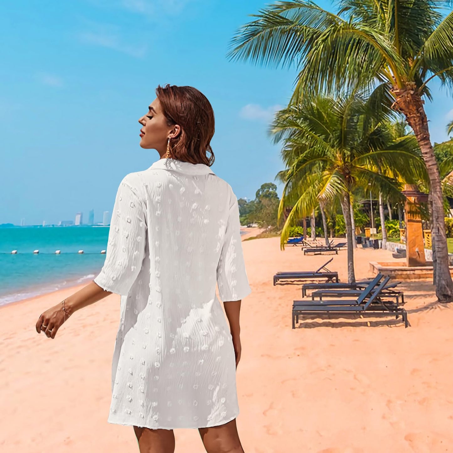 Figarge Strandkleid Damen Bikini Cover Up V-Ausschnitt Baumwolle Strandtunika Sommer Pareos Button Down Strandponcho Badeanzug Strand