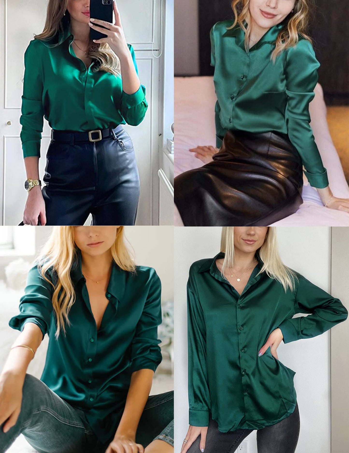 Beyove Damen Bluse Satin Seide V-Ausschnitt Hemden Elegant Langarm Business Oberteile mit Knöpfen Tops Lose Langarmshirt