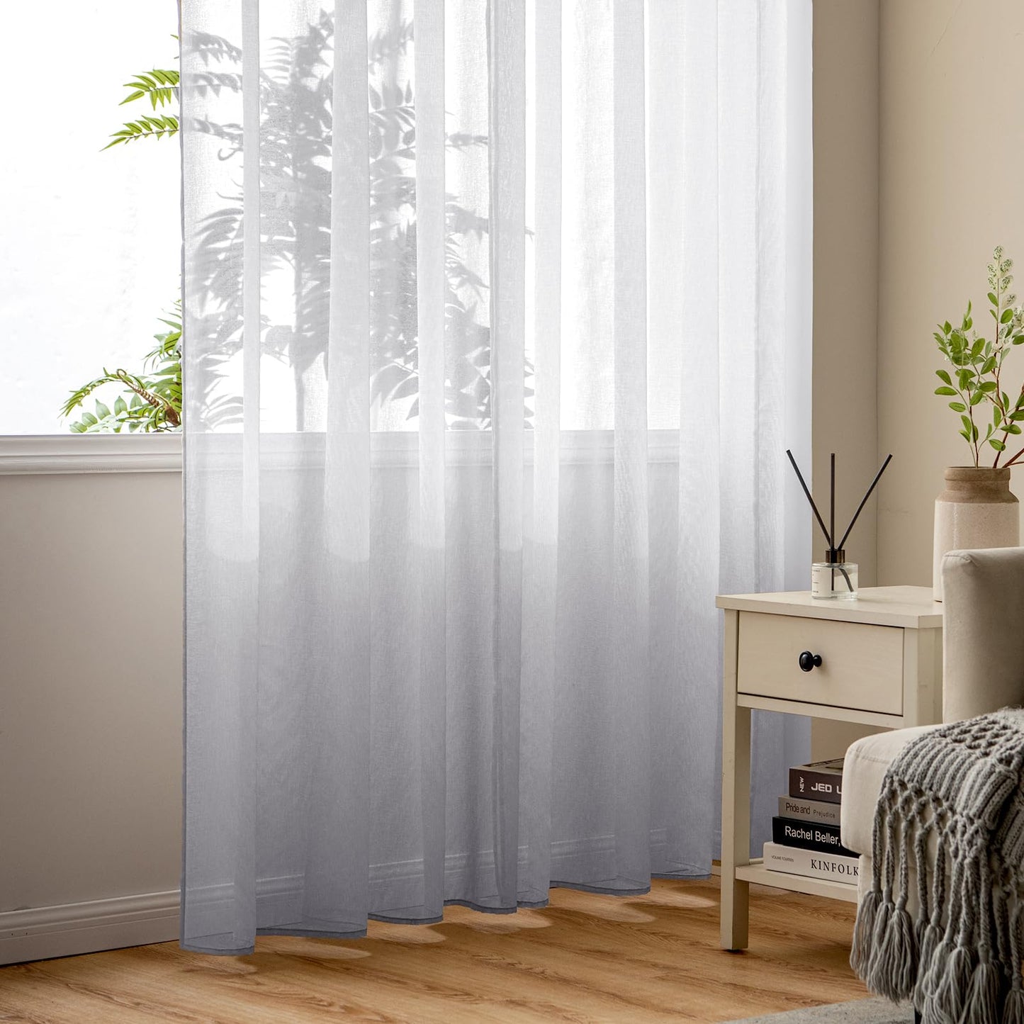 Woaboy Voile Curtains, Short Curtains, Transparent Living Room with Eyelets, Store Curtains for the Bedroom, Eyelet Curtain, Panel Curtain, Loop Curtains, Modern, Set of 2, 140 x 145 cm (W x H), Beige