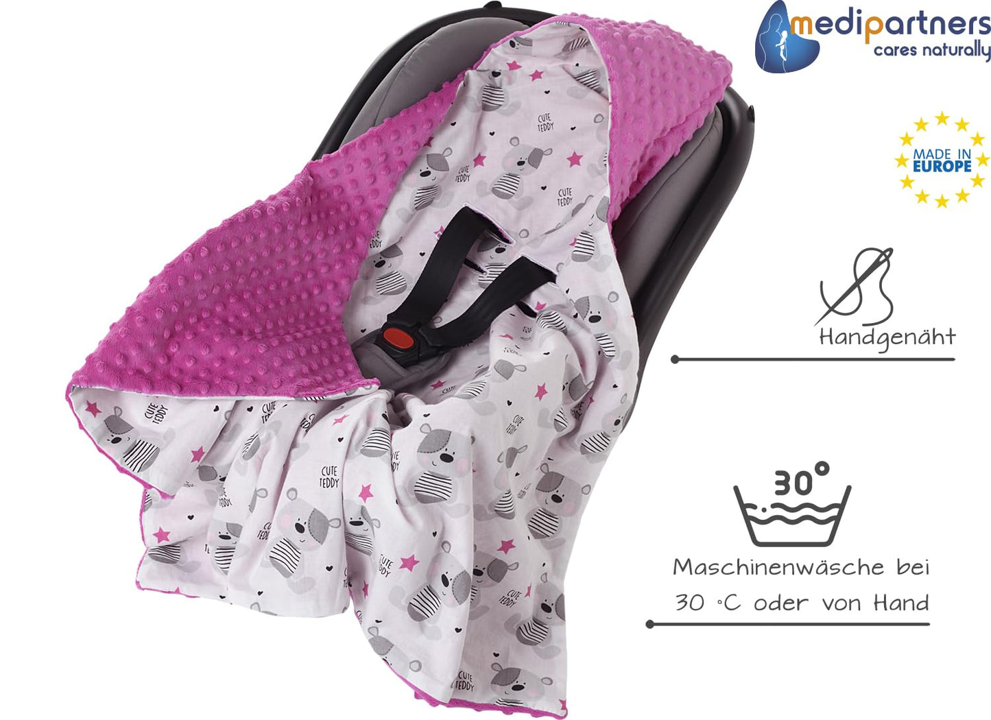 Medi Partners Einschlagdecke Baby Babyschale 100% Baumwolle für Sommer 85x85cm Kinderwagen Kuscheldecke universal Baby Decke Einschlagdecken Babydecke Buggy Autositz (weiße Sterne mit grauen Minky