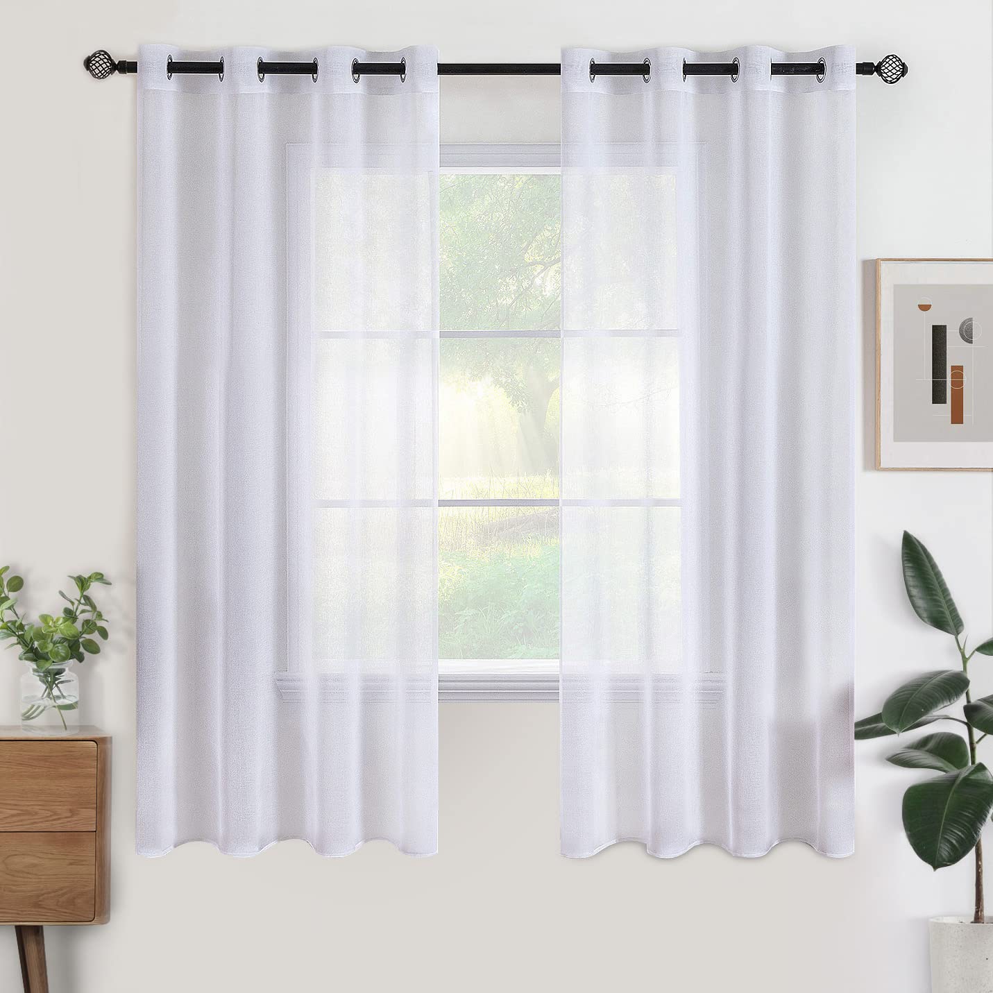 Woaboy Voile Curtains, Short Curtains, Transparent Living Room with Eyelets, Store Curtains for the Bedroom, Eyelet Curtain, Panel Curtain, Loop Curtains, Modern, Set of 2, 140 x 145 cm (W x H), Beige