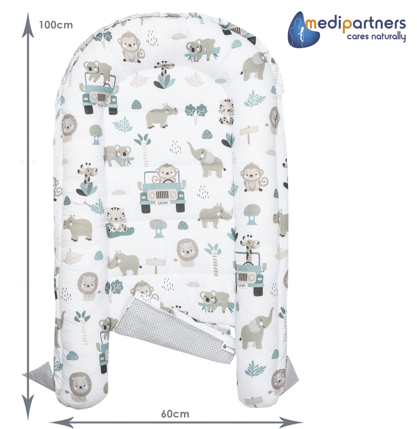 Medi Partners Babynest Nestchen Baby Set für Neugeborene - 100x60x15 Kuschelnest 5 teilig tragbar Nest zweiseitig Babynestchen Bett 100% Baumwolle (Lichtung mit grauem Minky)