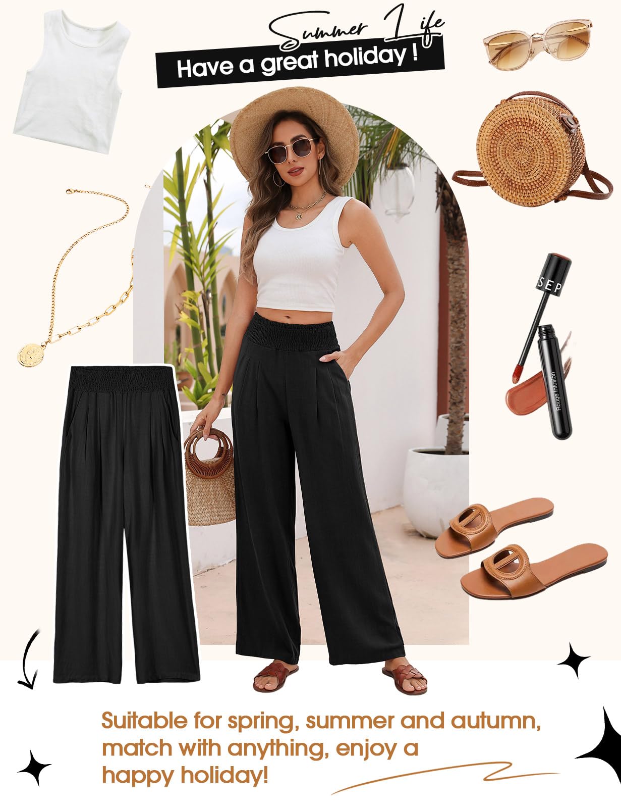 Niwicee Leinenhose Damen Sommer Baumwolle Leinen Hose High Waist Geradem Lose Casual Sommerhose mit Taschen Elastisch Hohe Taille Freizeithose Strandhose Lang Leichte