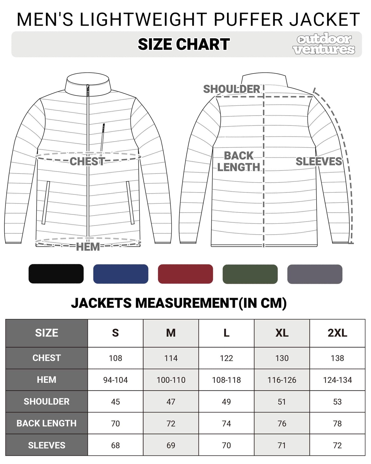 Outdoor Ventures Herren Steppjacke Packbare Leichte Warme Übergangsjacke Herren Wasserfeste Pufferjacke mit 3 Taschen für Outdoor Casual Wandern