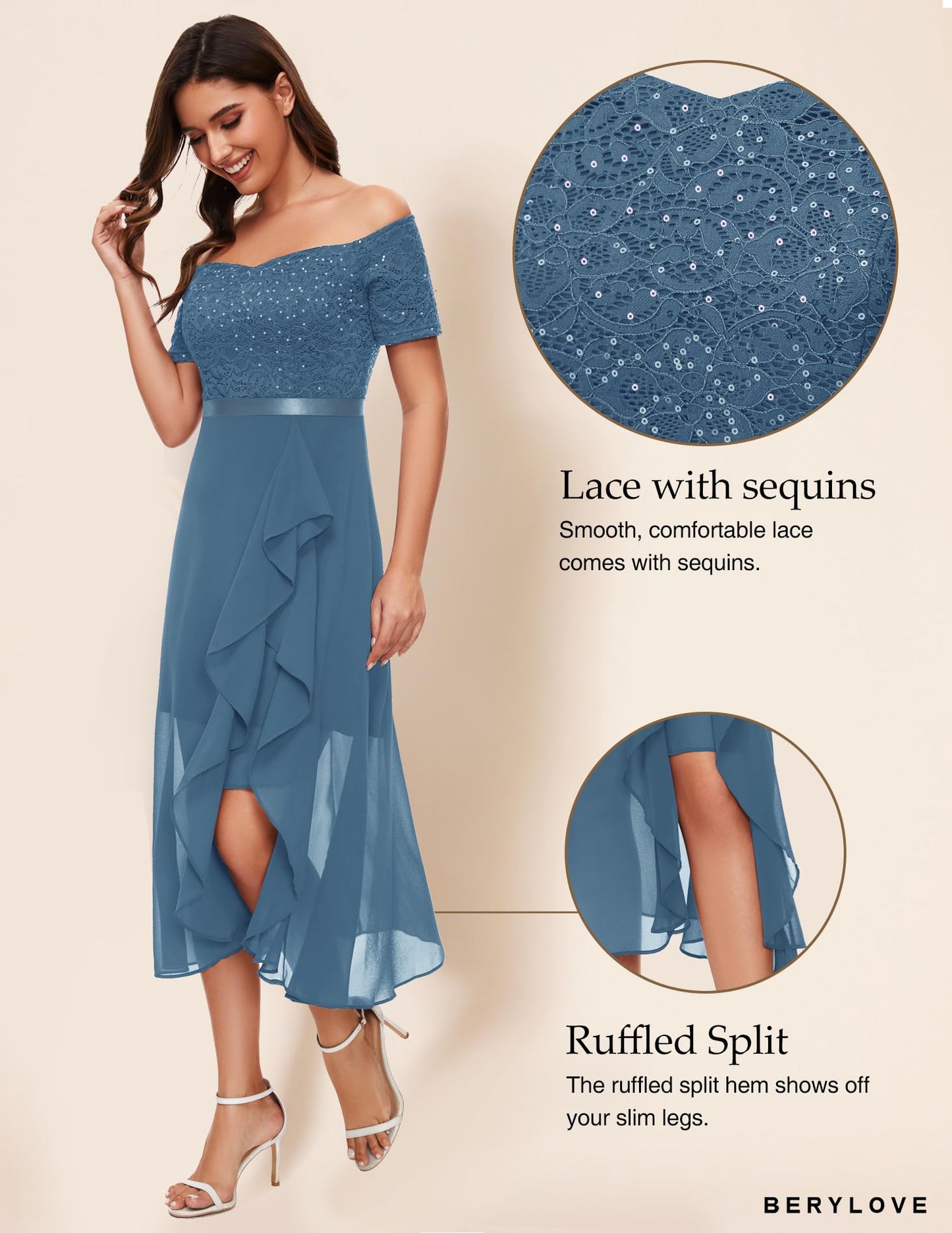 Berylove Abendkleid Damen Lang Glitzer Kleid Cocktailkleid Elegant für Hochzeit Off Shoulder Kleid Ballkleid