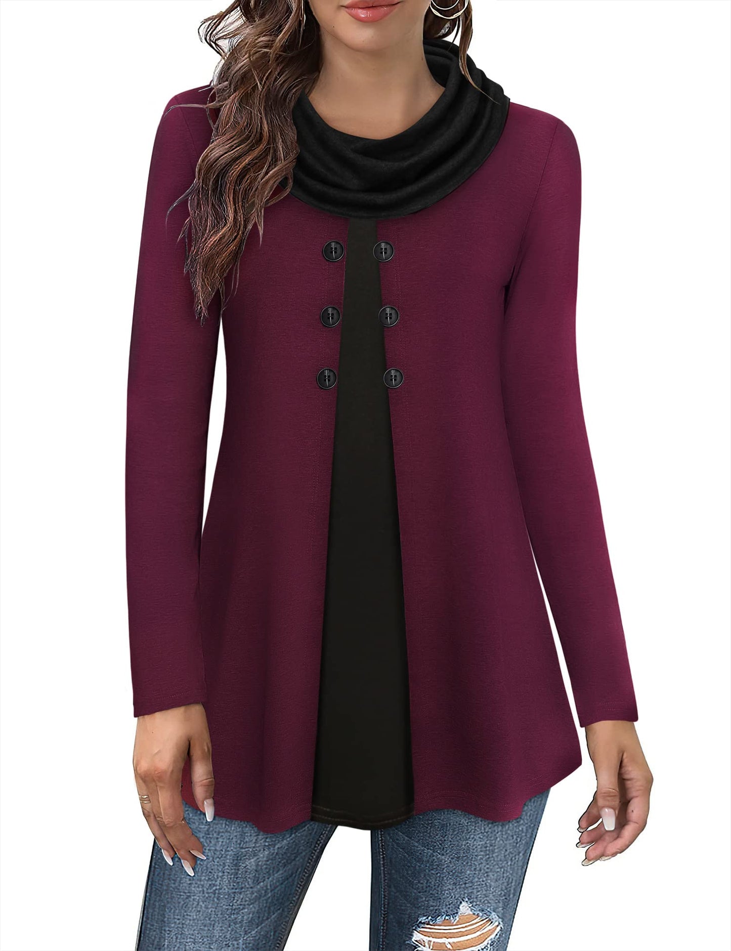 Gaharu Damen Tunika Langarm Elegant Pullover Lang Sweatshirt Schalkragen Patchwork Pulli