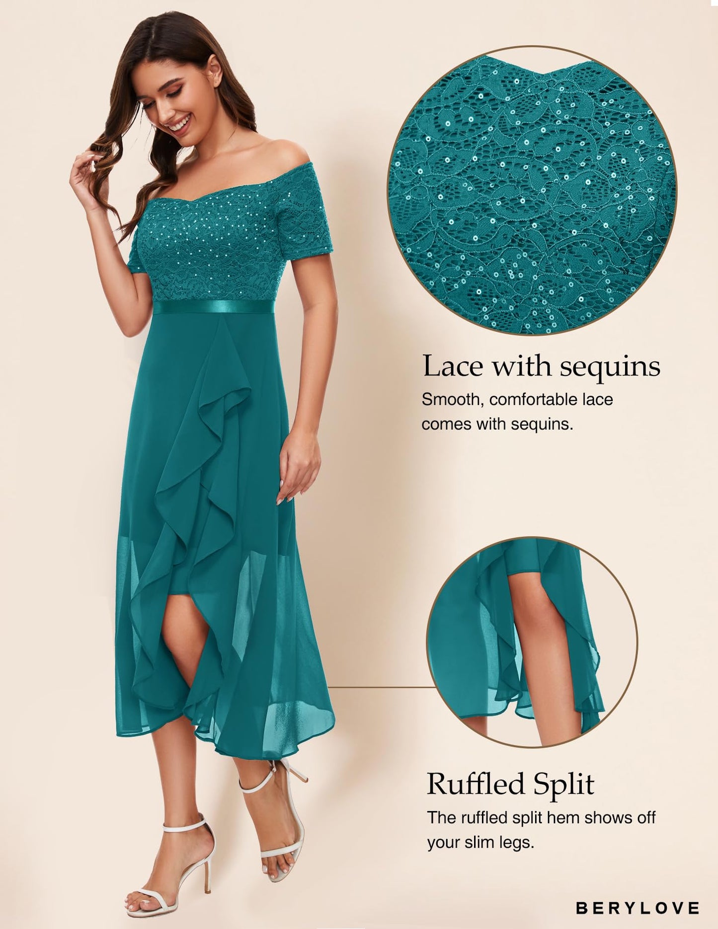 Berylove Abendkleid Damen Lang Glitzer Kleid Cocktailkleid Elegant für Hochzeit Off Shoulder Kleid Ballkleid