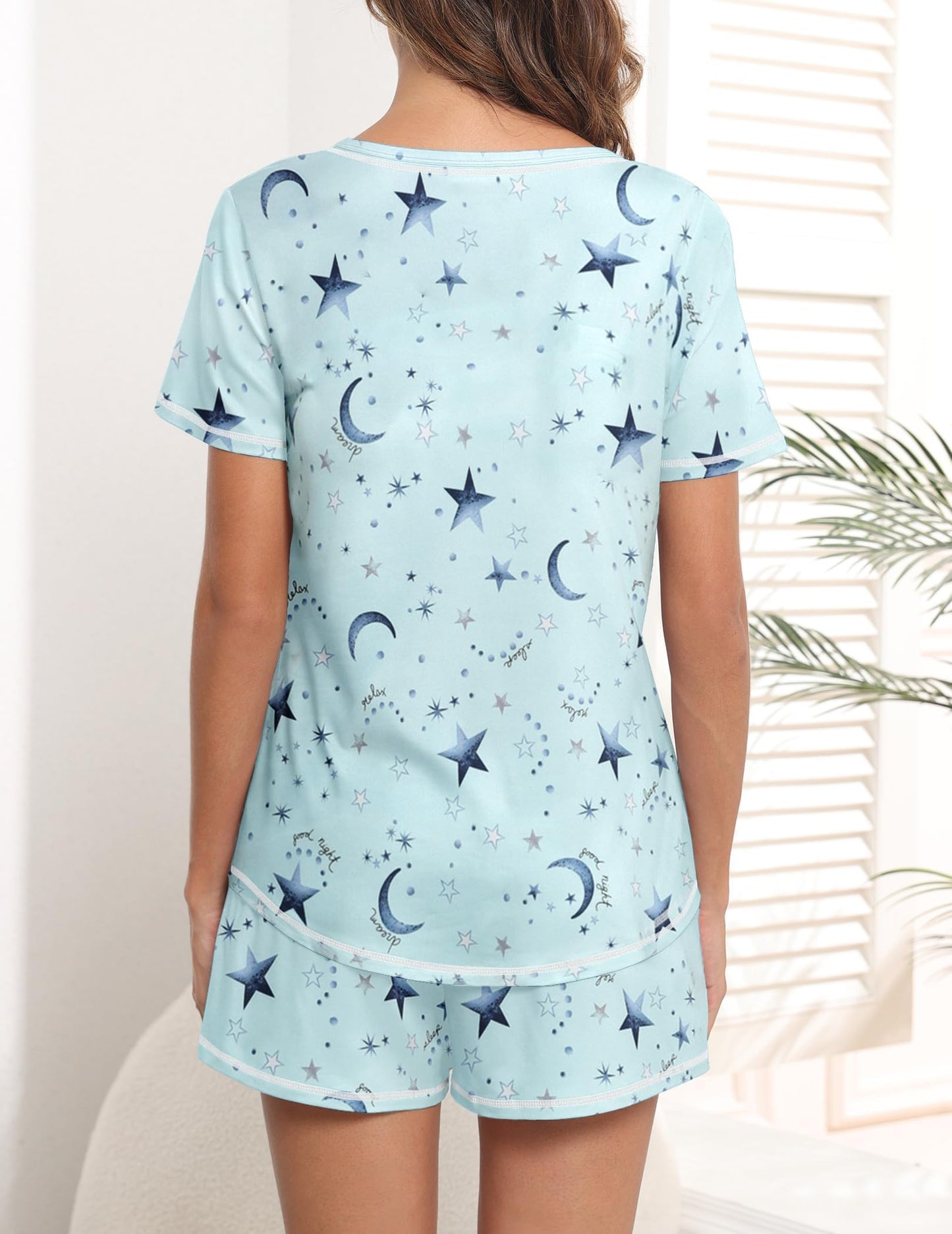 Ekouaer Schlafanzug Damen Kurz Pyjama Set Kurzarm Sommer Nachtwäsche Gedruckt with Taschen S-XXL