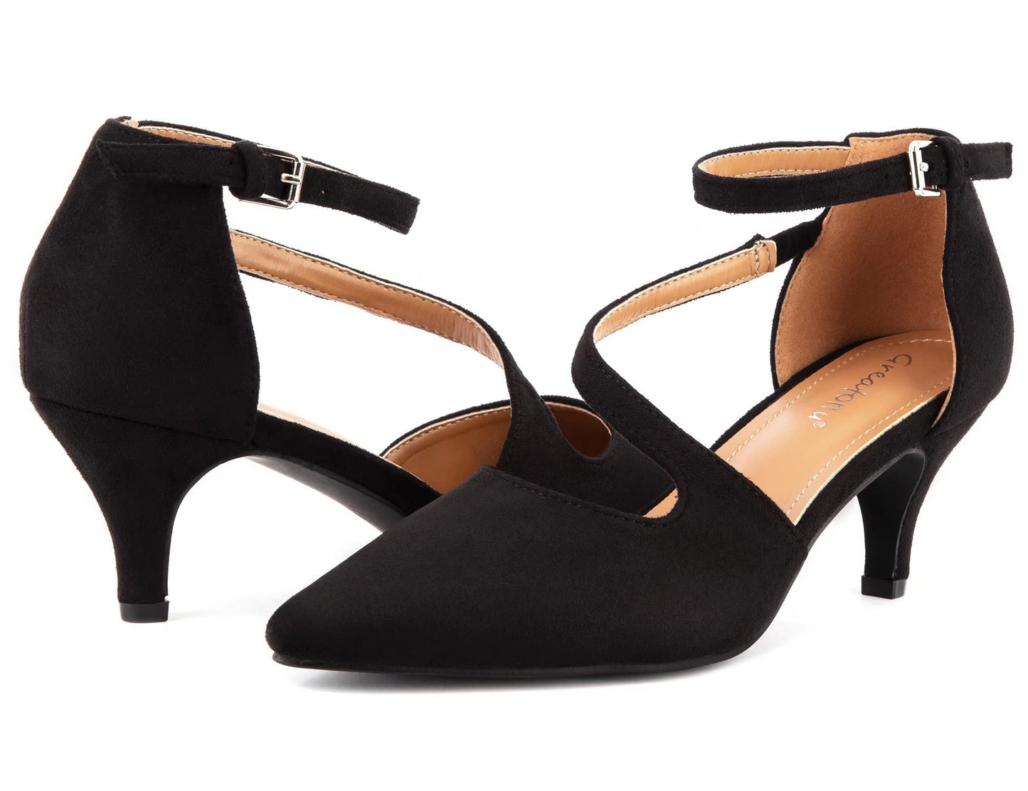 Greatonu Women's Pointed Toe Court Shoes with Ankle Strap and Kitten Heel