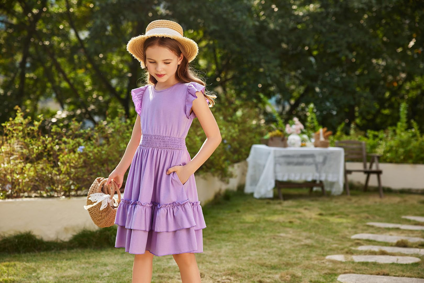 Arshiner Mädchen Kleider Flatterärmel Kinder Sommer Baumwolle Festliche Kleid A-Linie Taille Einschnüren Freizeitkleid Swingkleid Elegant ärmelloses Kleid für Mädchen 5-13 Jahre