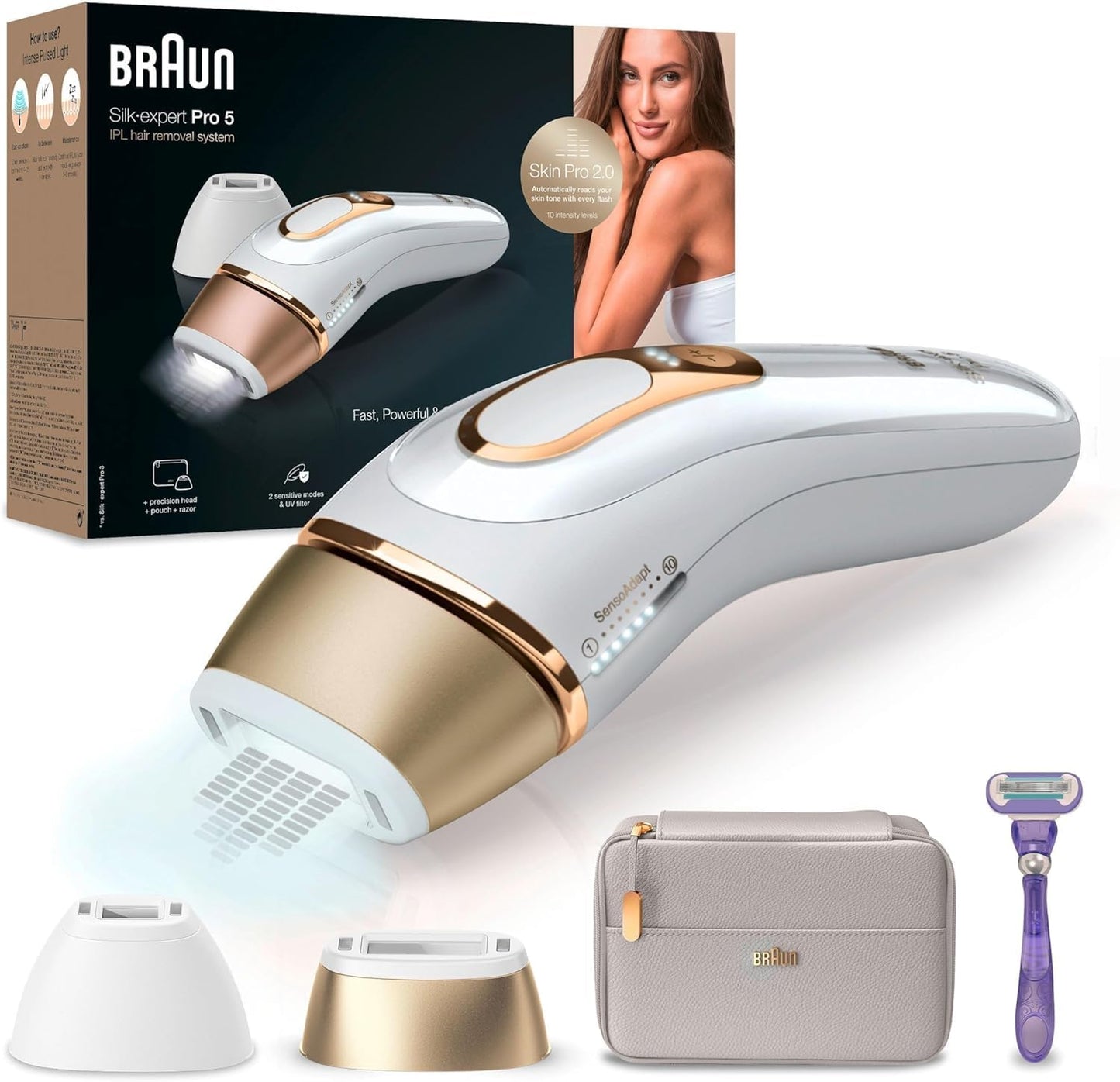 Braun IPL Silk Expert Pro 5 Haarentfernungsgerät Damen, sichtbare Haarentfernung, Designed In Germany, Venus Rasierer, 3 Aufsätze, Alternative zu Laser Haarentfernung, PL5262, weiß/gold