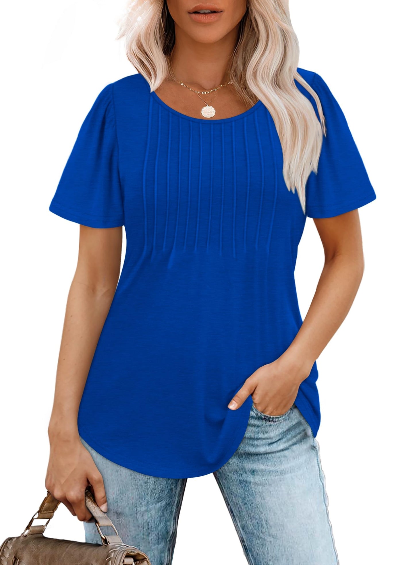 Cuptacc Tshirt Damen Rundhals Mit Falten Locker Puffärmel T-Shirt Elegant Kurzarm Geblümt/Einfarbig Top Damen