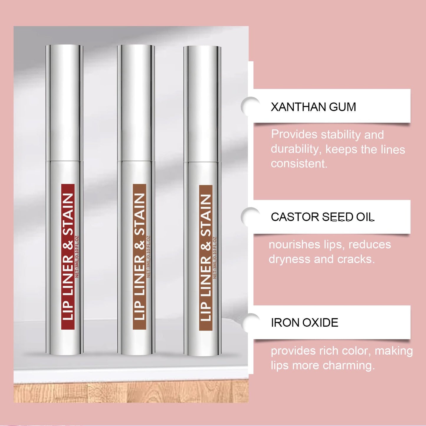 3Pcs Lip Liner Stain, Natural Long Lasting Lip Stain Peel Off, Waterproof Stay On All Day, Transfer-Proof, Highly Pigmented, Abzieh-Lippenstift (Kaffee & Kakao & Rose)
