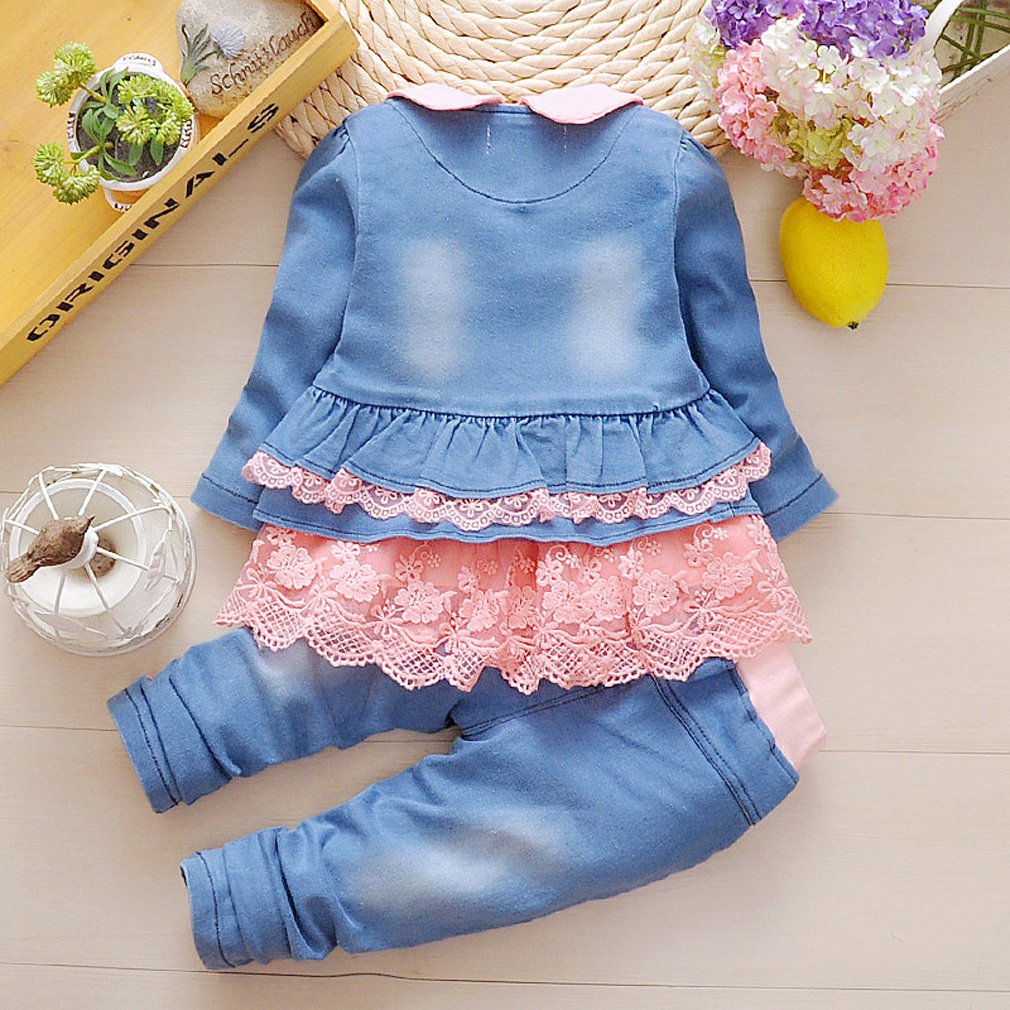 YYA 6M-4J Baby Mädchen Jeans 3-teiliger Anzug bestickter Spitzenrock Jeansjacke und Jeans