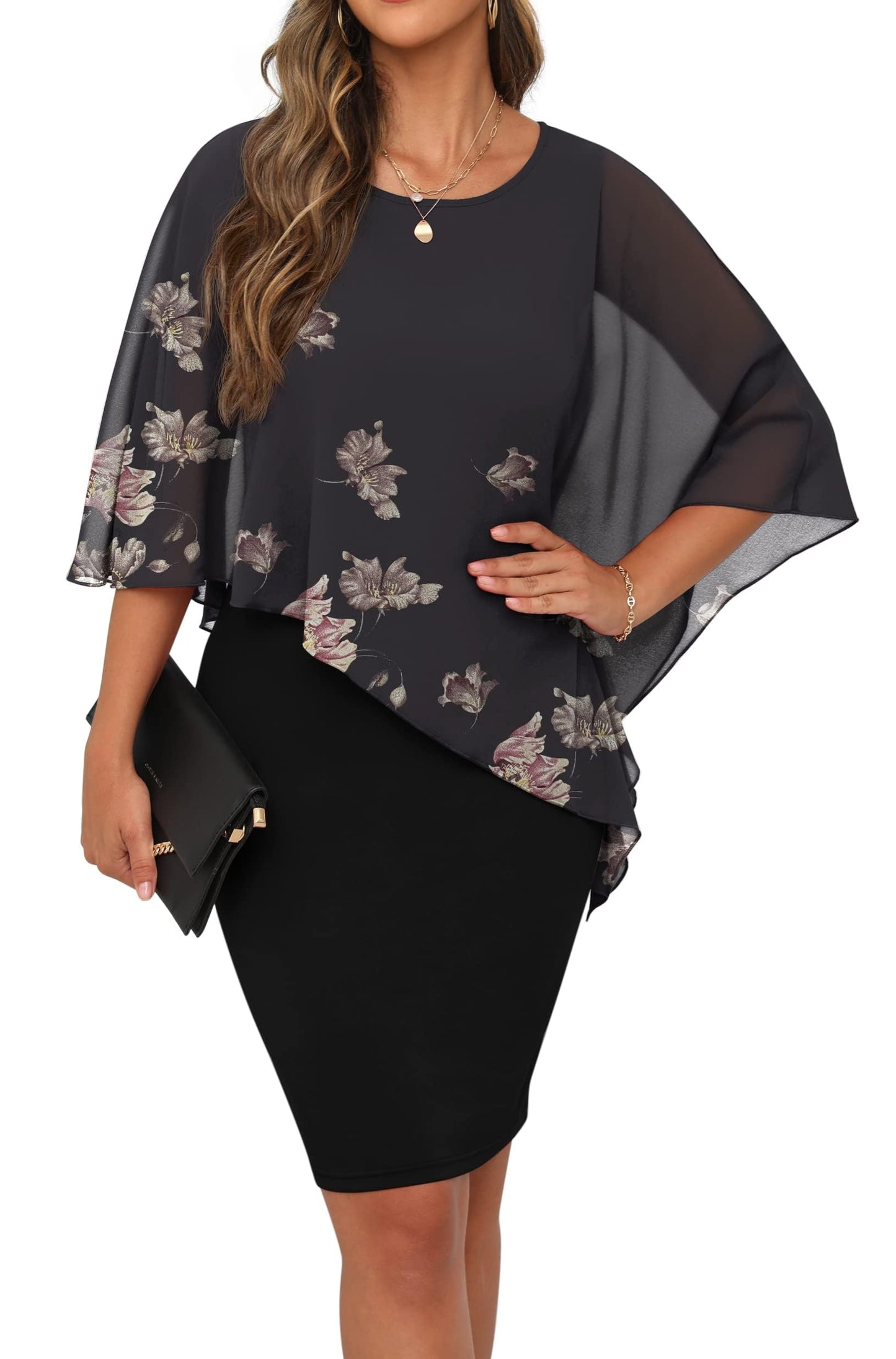 QIXING Damen Chiffon Cape Cocktialkleid Rundhals Ausschnitt Bleistiftkleid Sommerkleid Damen Knielang Elegant Abendkleid Mit Overlay Casual Bodycon Kleider