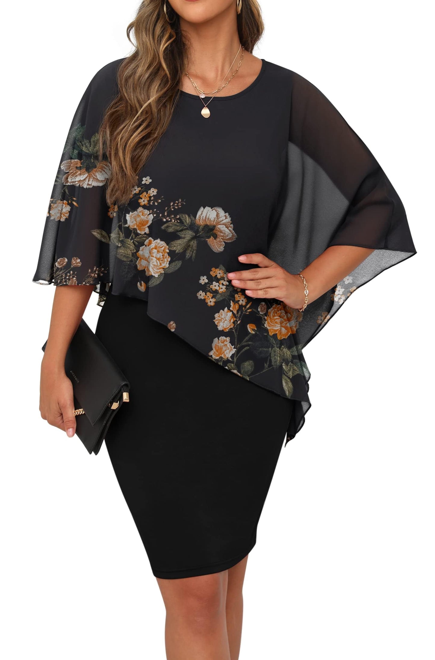 QIXING Damen Chiffon Cape Cocktialkleid Rundhals Ausschnitt Bleistiftkleid Sommerkleid Damen Knielang Elegant Abendkleid Mit Overlay Casual Bodycon Kleider