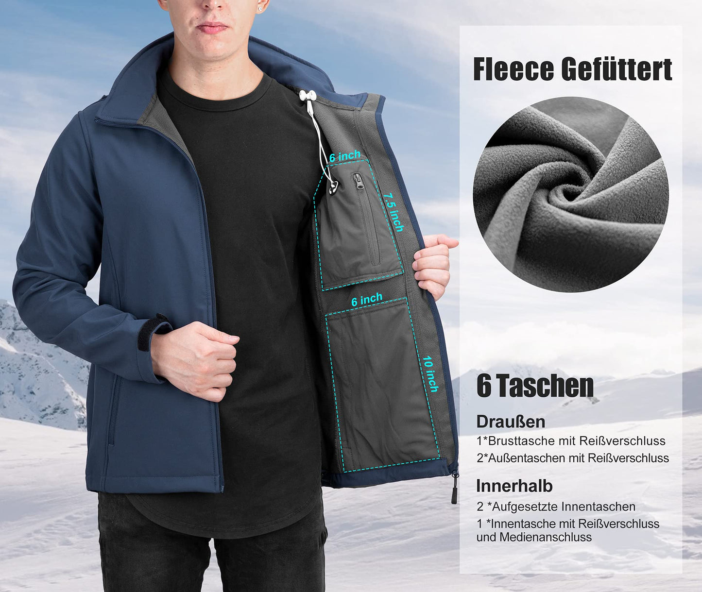33,000ft Softshelljacke für Herren Wasserdicht Winterjacke Winddicht Warme Fleece Gefüttert Windbreaker Funktionsjacke Outdoorjacke für Wandern Fahrrad Camping