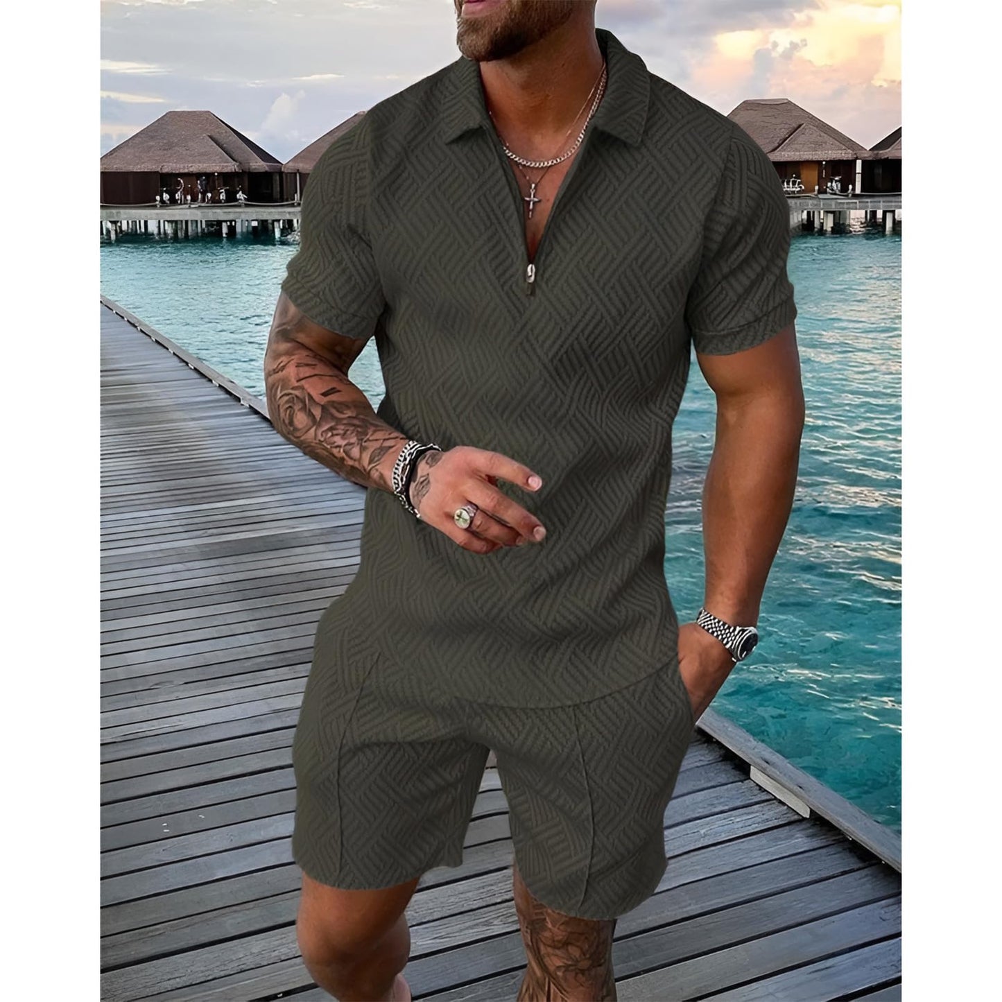 Herren Sportanzug Sommer Trainingsanzug Kurzarm Reißverschluss Top und Shorts Kleidung Set