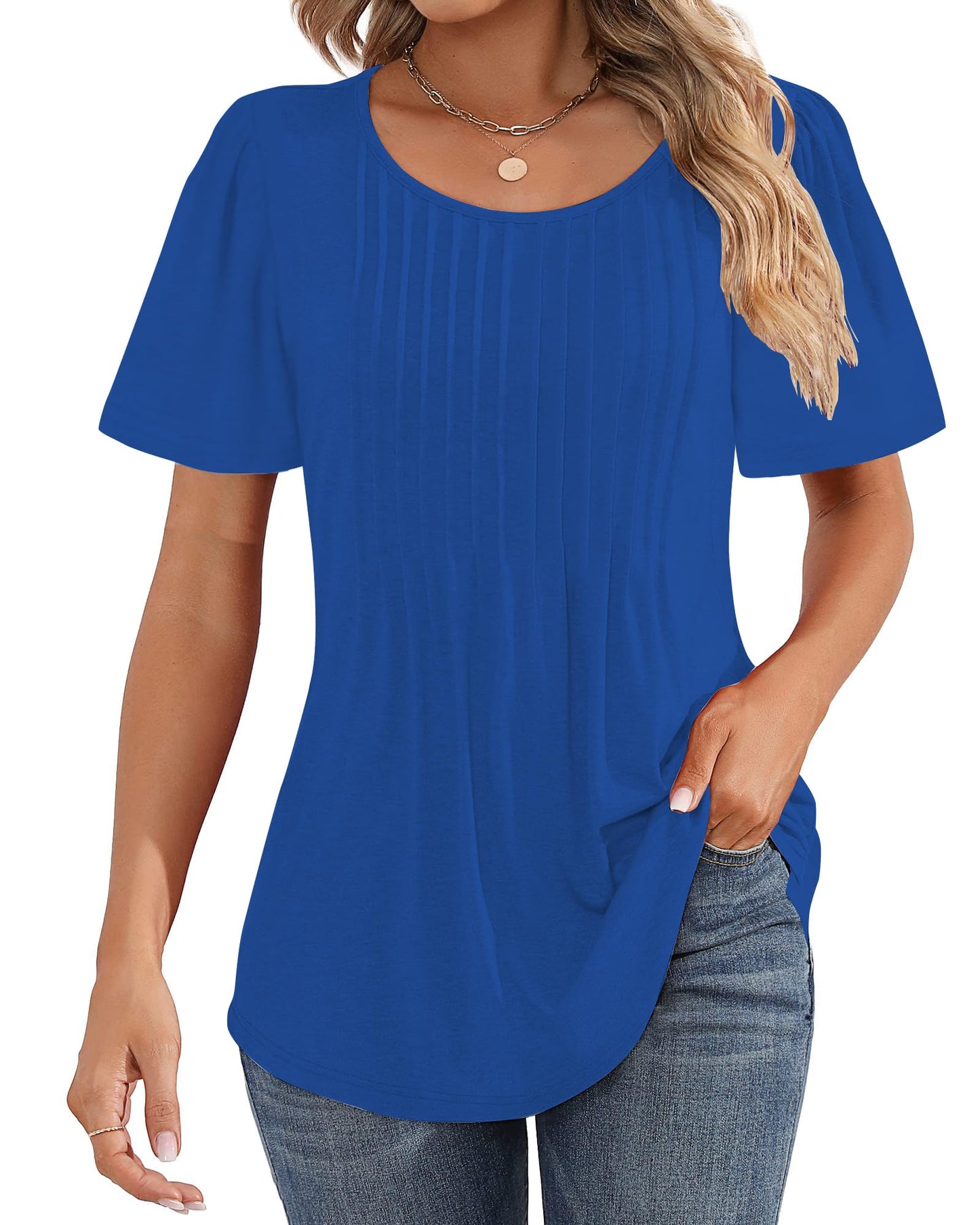 Cuptacc Tshirt Damen Rundhals Mit Falten Locker Puffärmel T-Shirt Elegant Kurzarm Geblümt/Einfarbig Top Damen