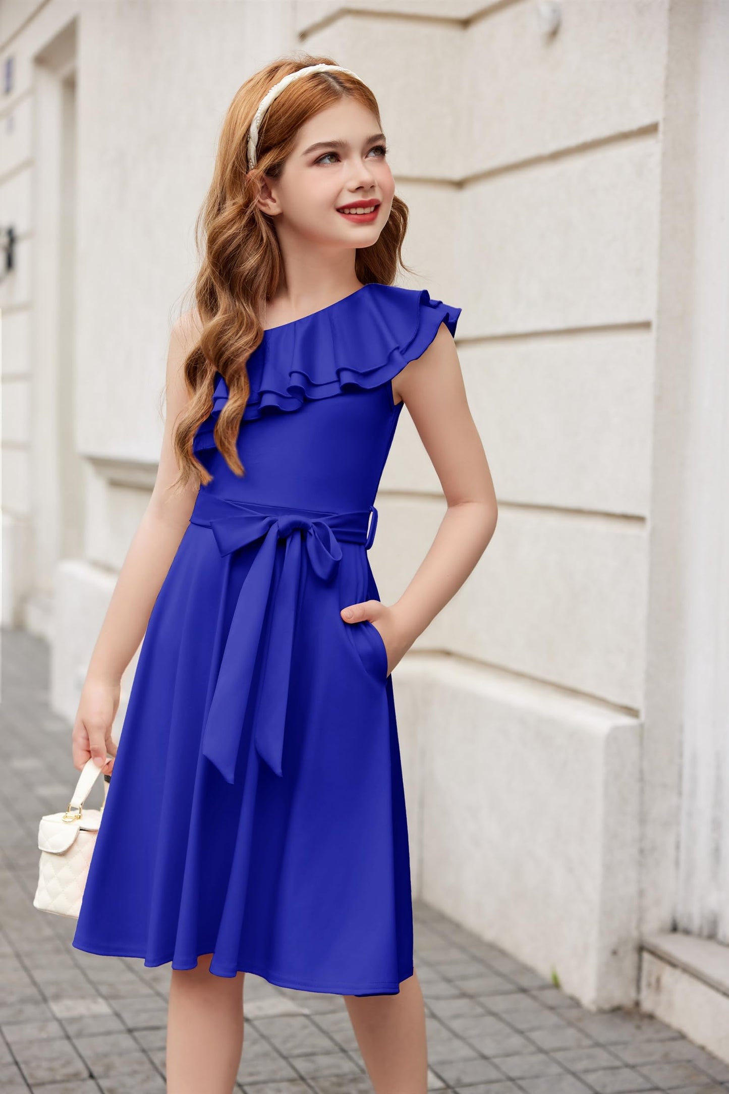 Arshiner Mädchen Kleider Eine-Schulter Kinderkleider Sommer Festliches Kleid Rüschenkragen Elegant Partykleider Swingkleid mit Gürtel ärmelloses Kleid für Mädchen 5-13 Jahre
