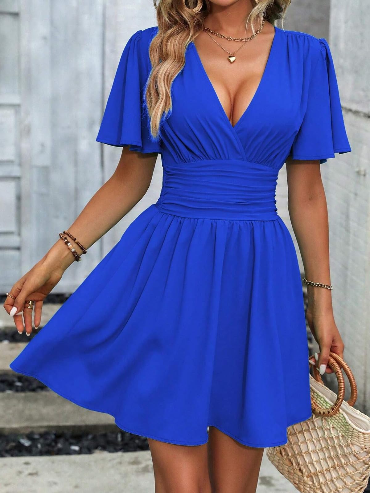 LIAMERHE Damen Elegant Kleid Langarm/Kurze Ärmel V-Ausschnitt Casual Kleider A-Linie Blumenmuster Minikleid Freizeitkleider Sommer Herbst Winter Laternenärmeln Kleid Partykleid