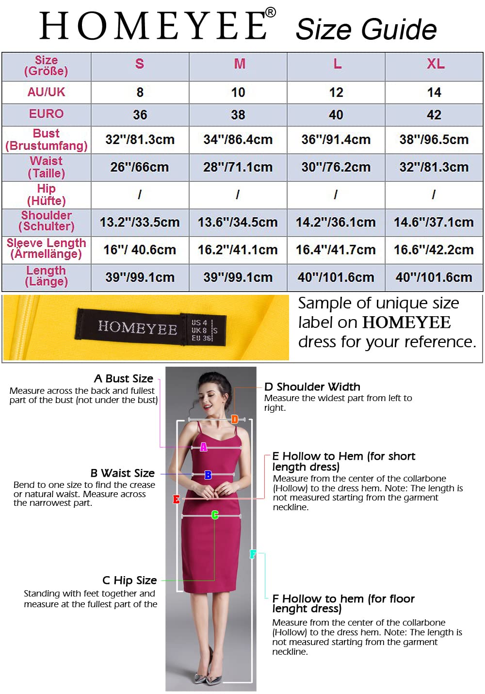 HOMEYEE Damen Elegant Spitze 3/4 Ärmel Rockabilly Kleid Retro Knielang Cocktailkleid für Hochzeit A368