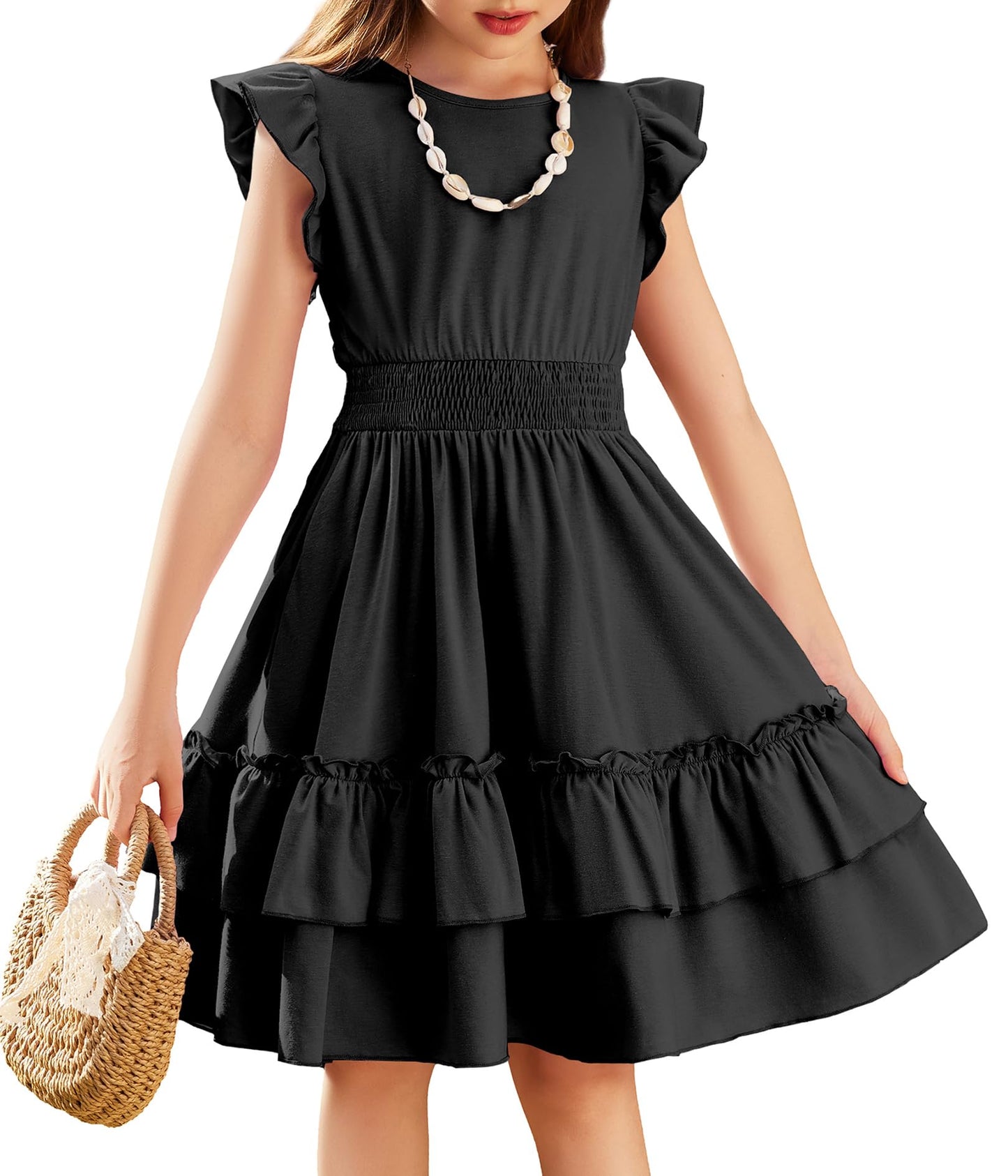 Arshiner Mädchen Kleider Flatterärmel Kinder Sommer Baumwolle Festliche Kleid A-Linie Taille Einschnüren Freizeitkleid Swingkleid Elegant ärmelloses Kleid für Mädchen 5-13 Jahre