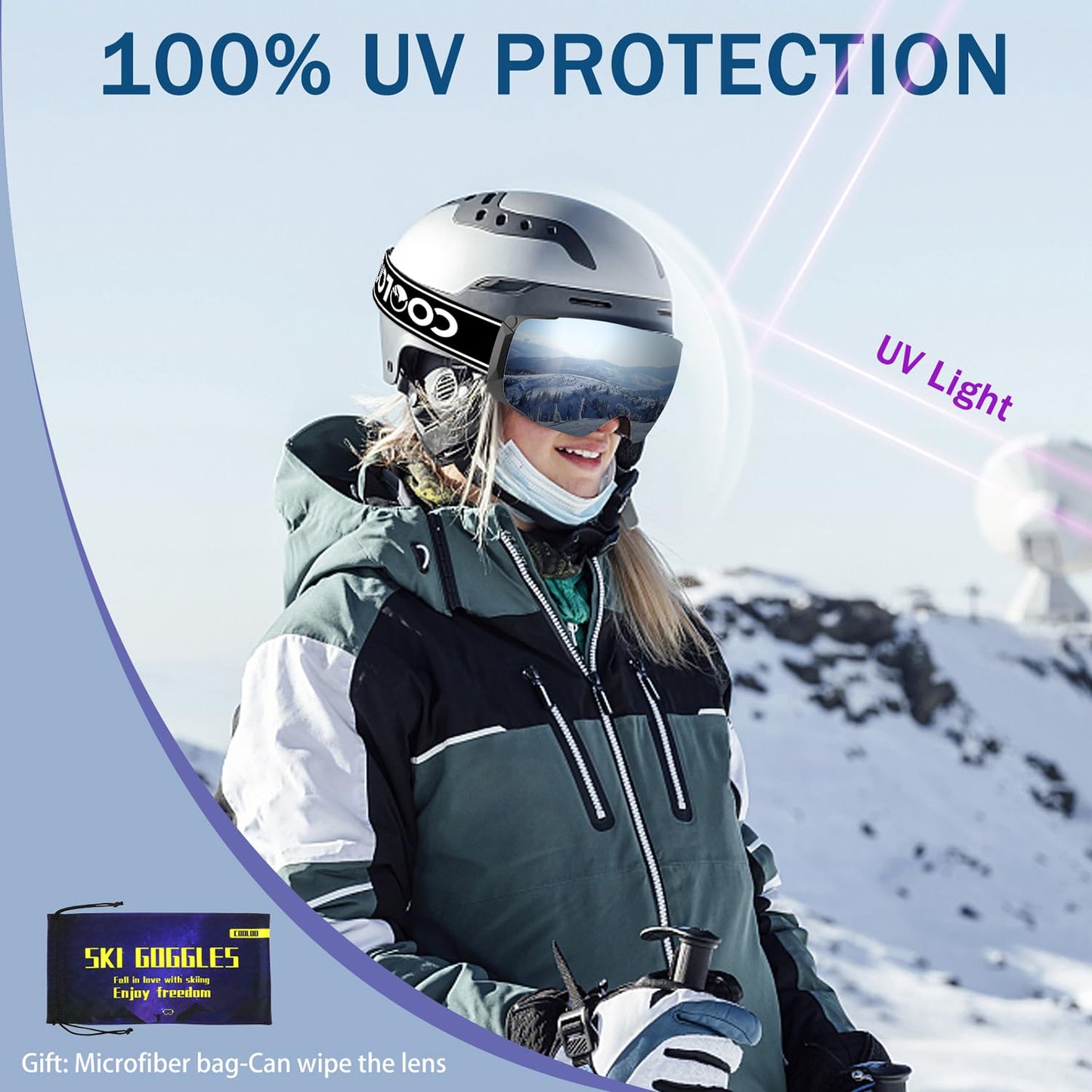 COOLOO Ski Goggles Men Women Teenagers Magnetic OTG Frameless Anti-Fog Protection with 100% UV Protection