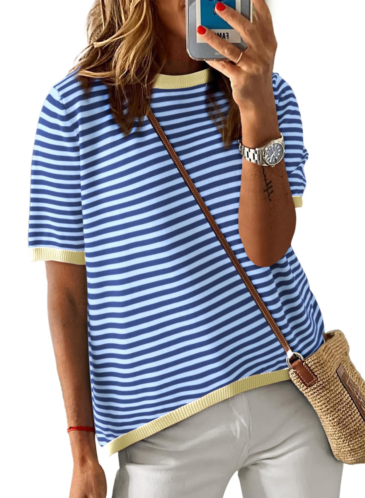 Cuptacc Tshirt Damen Baumwolle Shirt Damen Oberteile Sommer Gestreiftes Rundhals Basic Tops Kurzarm Tunika Damen Blusen Elegant Weiß Schwarz
