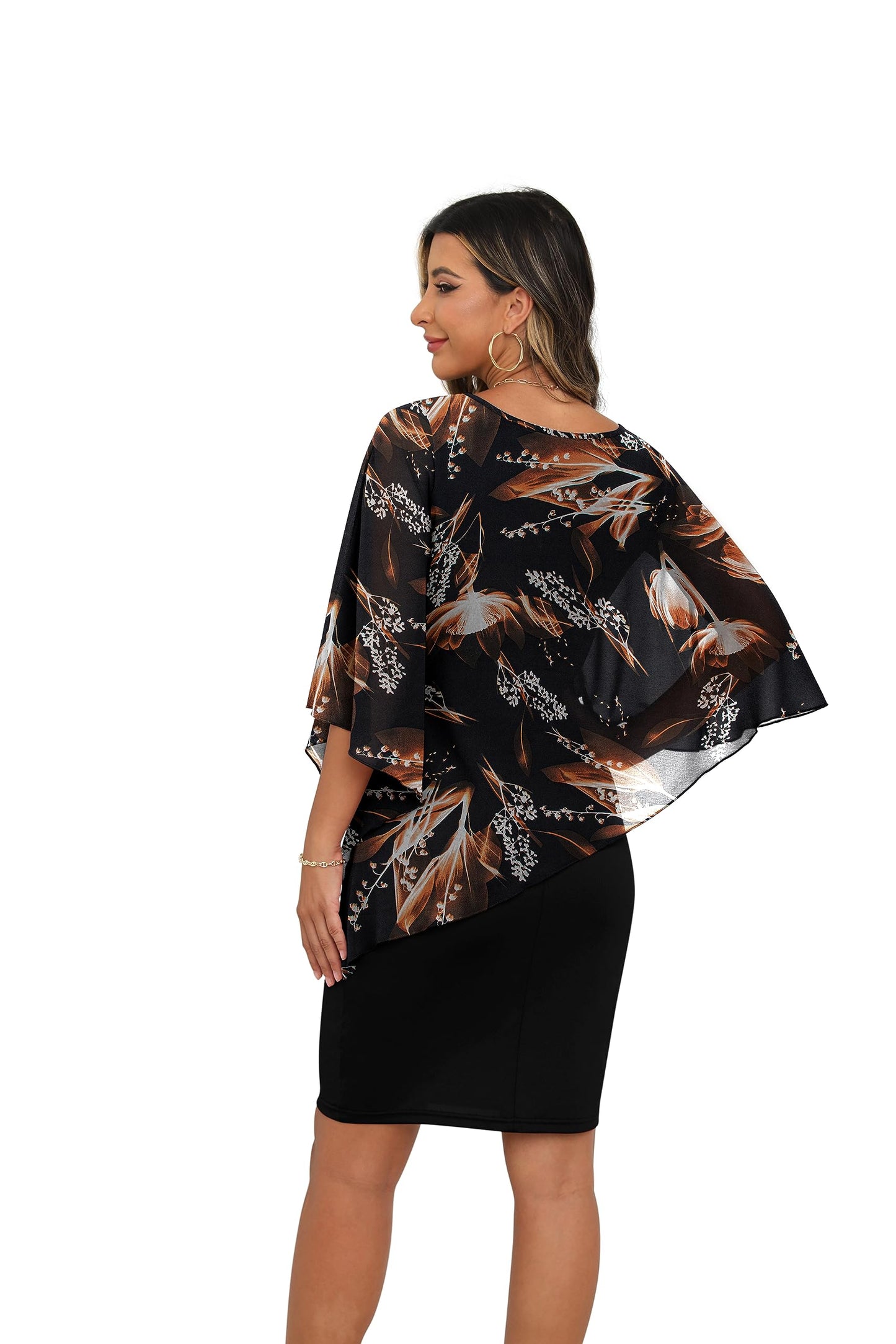 QIXING Damen Chiffon Cape Cocktialkleid Rundhals Ausschnitt Bleistiftkleid Sommerkleid Damen Knielang Elegant Abendkleid Mit Overlay Casual Bodycon Kleider
