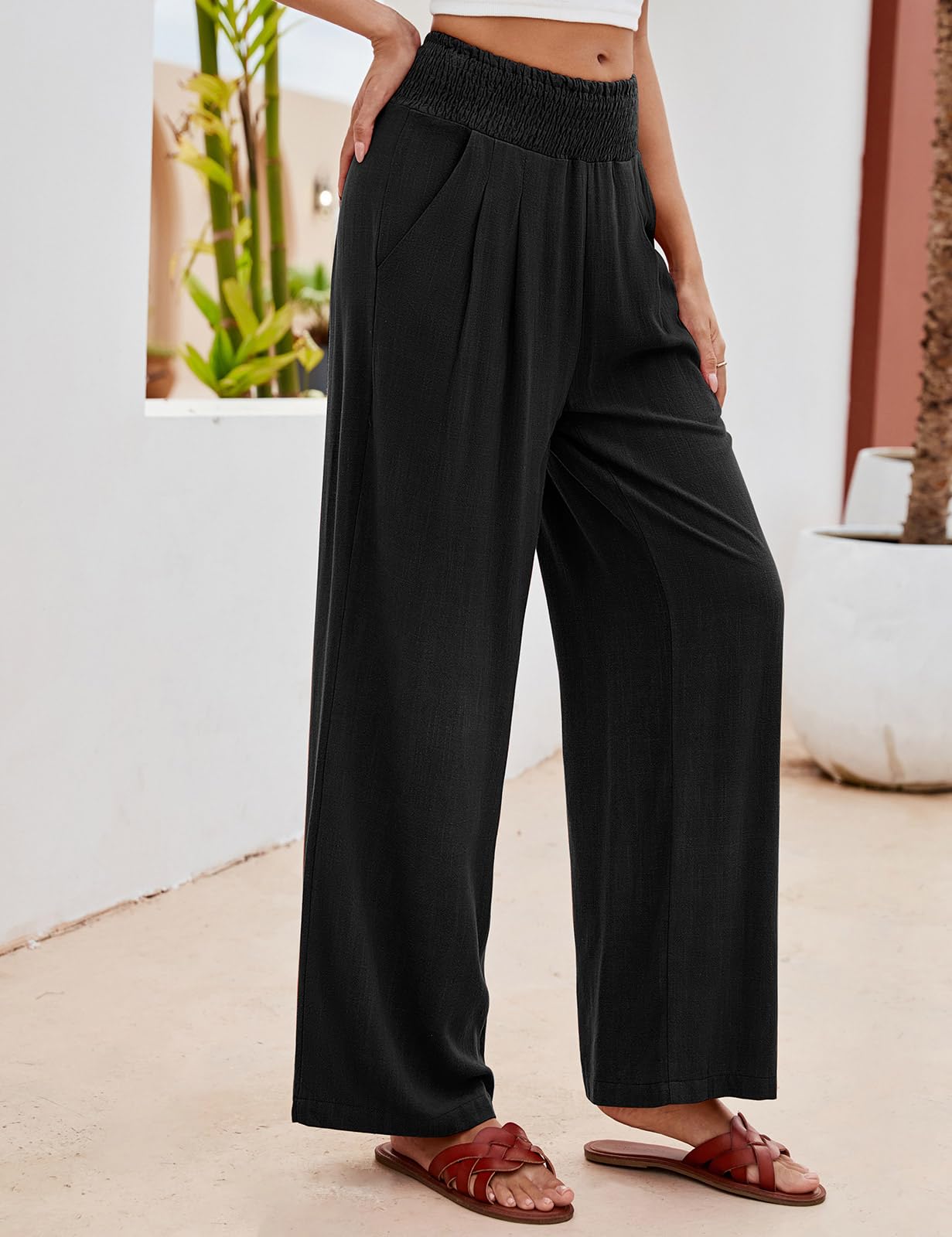 Niwicee Leinenhose Damen Sommer Baumwolle Leinen Hose High Waist Geradem Lose Casual Sommerhose mit Taschen Elastisch Hohe Taille Freizeithose Strandhose Lang Leichte