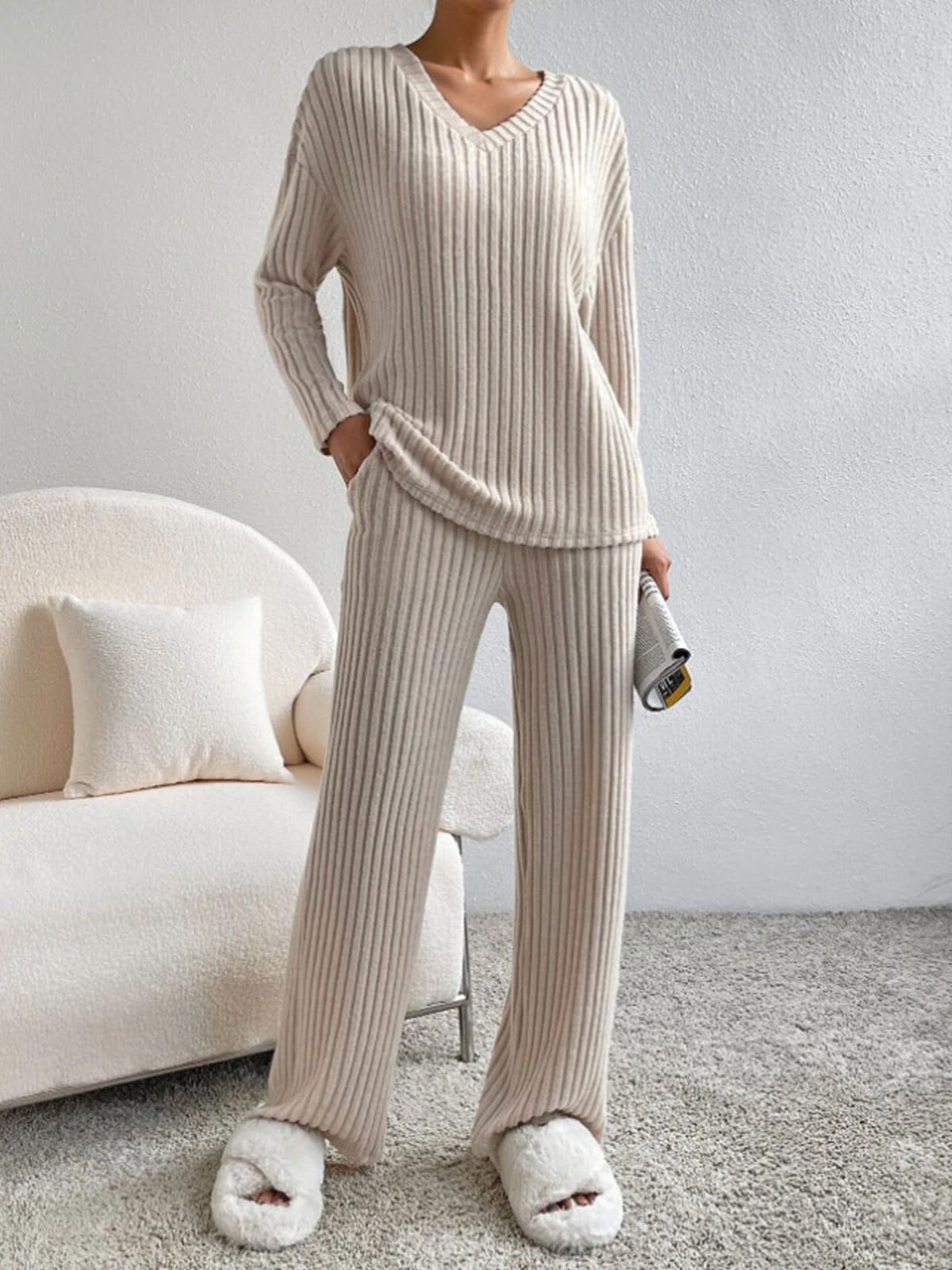 CheChury Zweiteiler Damen Lounge Set V-Ausschnitt Einfarbig Loungewear Gerippt Shirt Top Langärm mit Hose 2-Teiliges Hausanzug Jogginganzug Loungewear Nachtwäsche Hauskleidung Freizeit Outfit