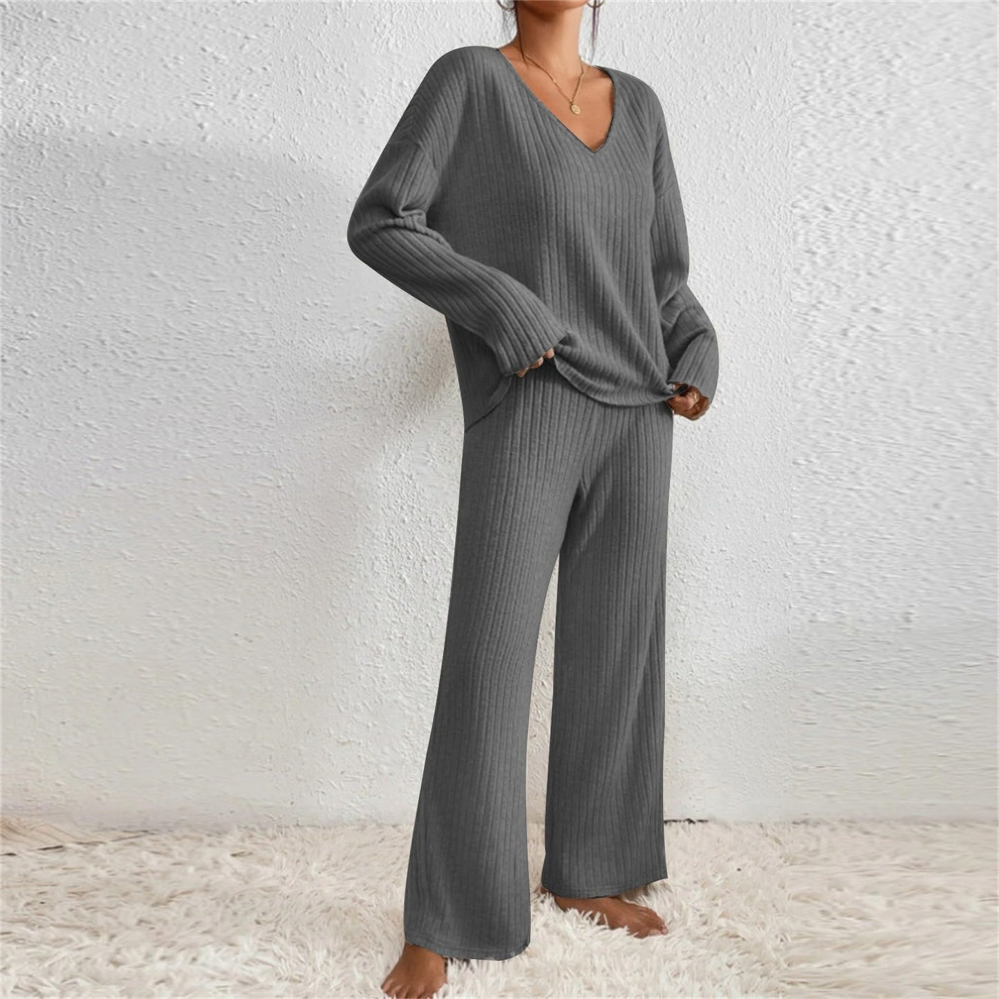 Hausanzug Damen Elegant Gestrickte Loungewear Einfarbig Strickanzug Langarm Schlafanzüge Zweiteiler V-Ausschnitt Homewear Locker Freizeitanzug Outfit Weites Bein Hose mit Taschen Lounge Set