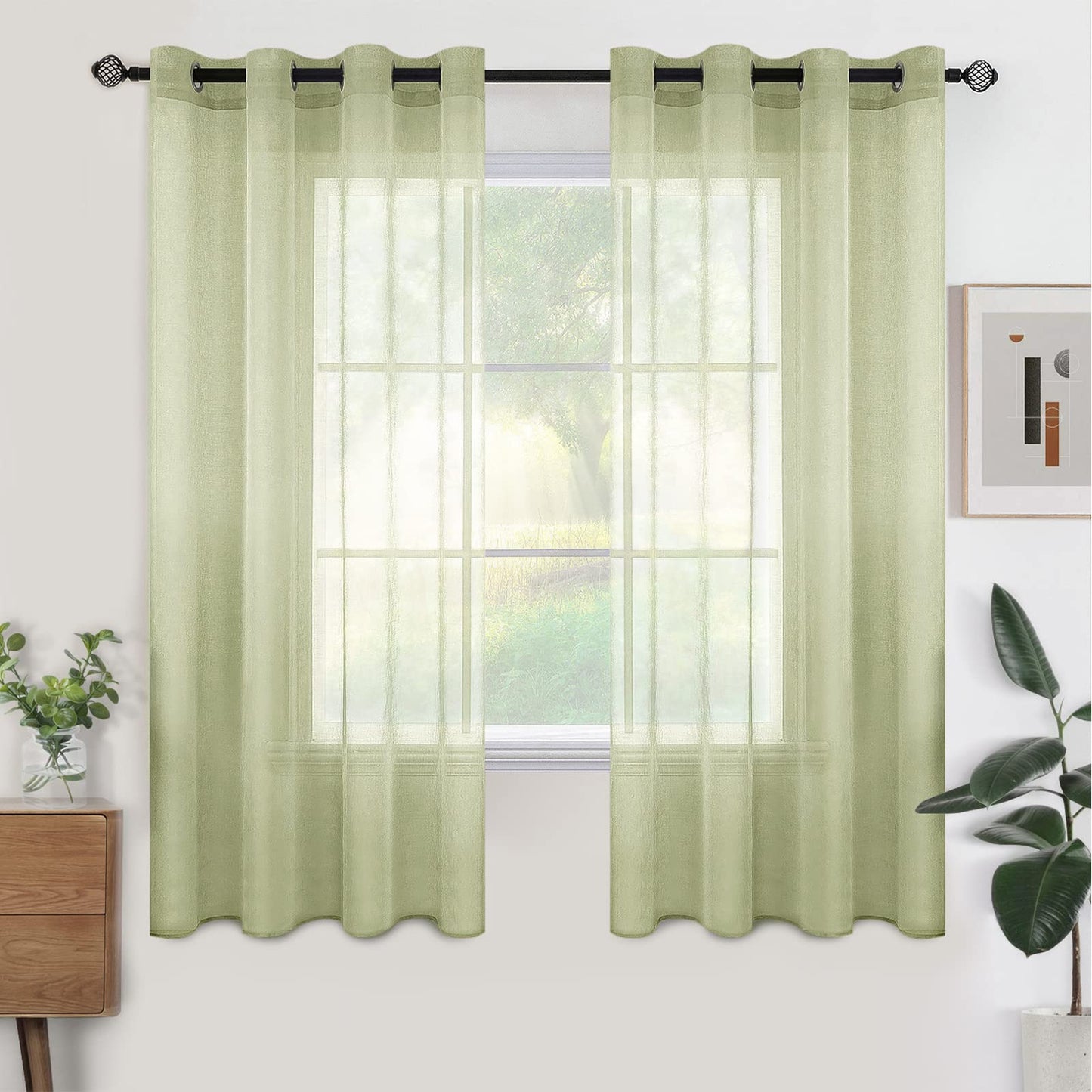 Woaboy Voile Curtains, Short Curtains, Transparent Living Room with Eyelets, Store Curtains for the Bedroom, Eyelet Curtain, Panel Curtain, Loop Curtains, Modern, Set of 2, 140 x 145 cm (W x H), Beige