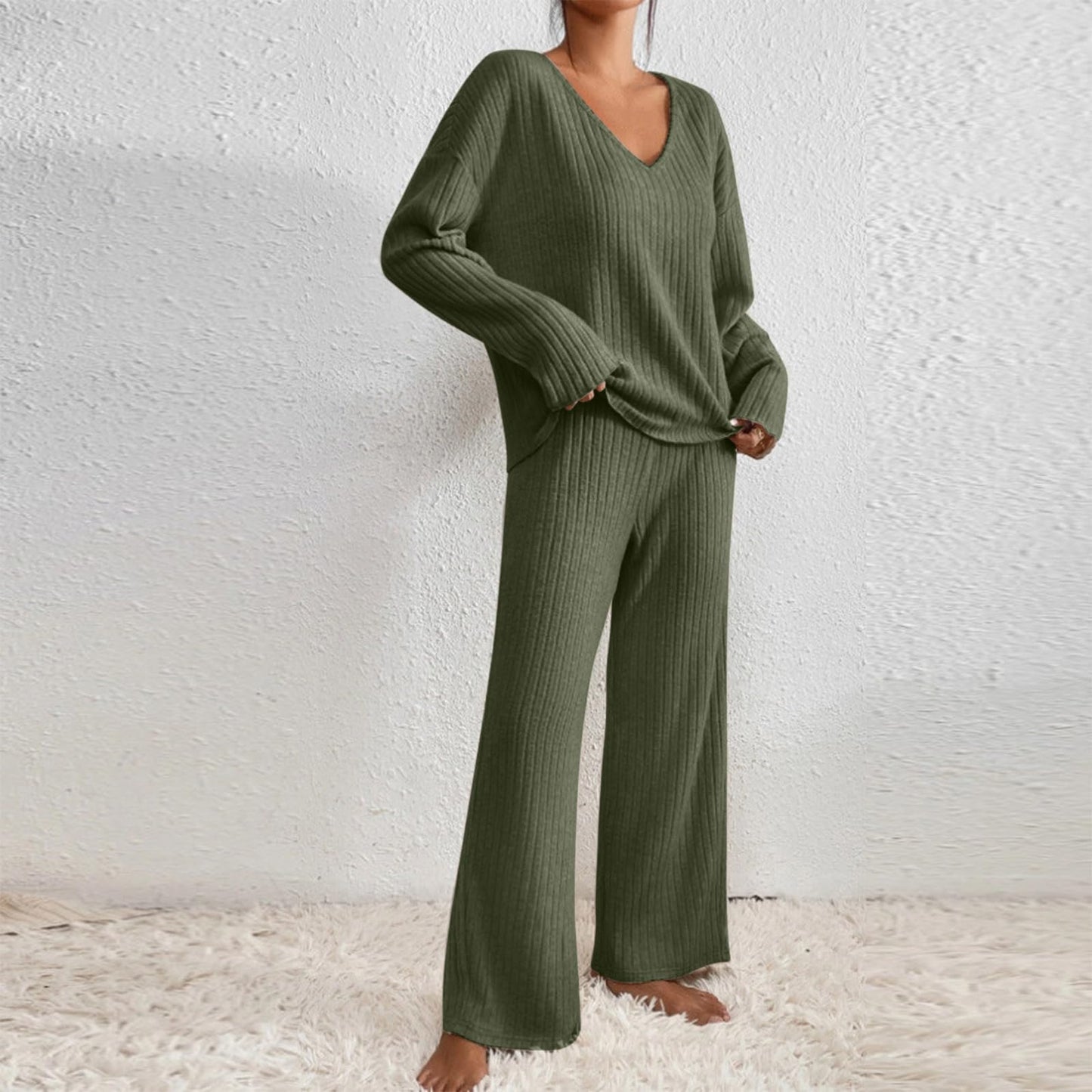Hausanzug Damen Elegant Gestrickte Loungewear Einfarbig Strickanzug Langarm Schlafanzüge Zweiteiler V-Ausschnitt Homewear Locker Freizeitanzug Outfit Weites Bein Hose mit Taschen Lounge Set