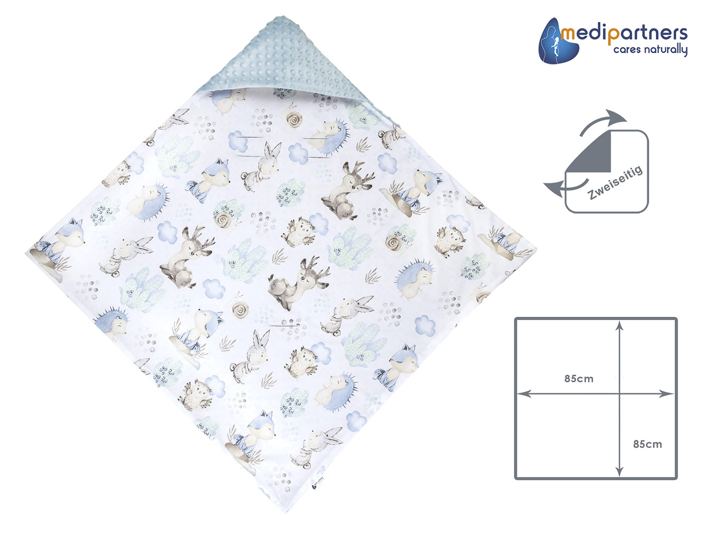 Medi Partners Einschlagdecke Baby Babyschale 100% Baumwolle für Sommer 85x85cm Kinderwagen Kuscheldecke universal Baby Decke Einschlagdecken Babydecke Buggy Autositz (weiße Sterne mit grauen Minky