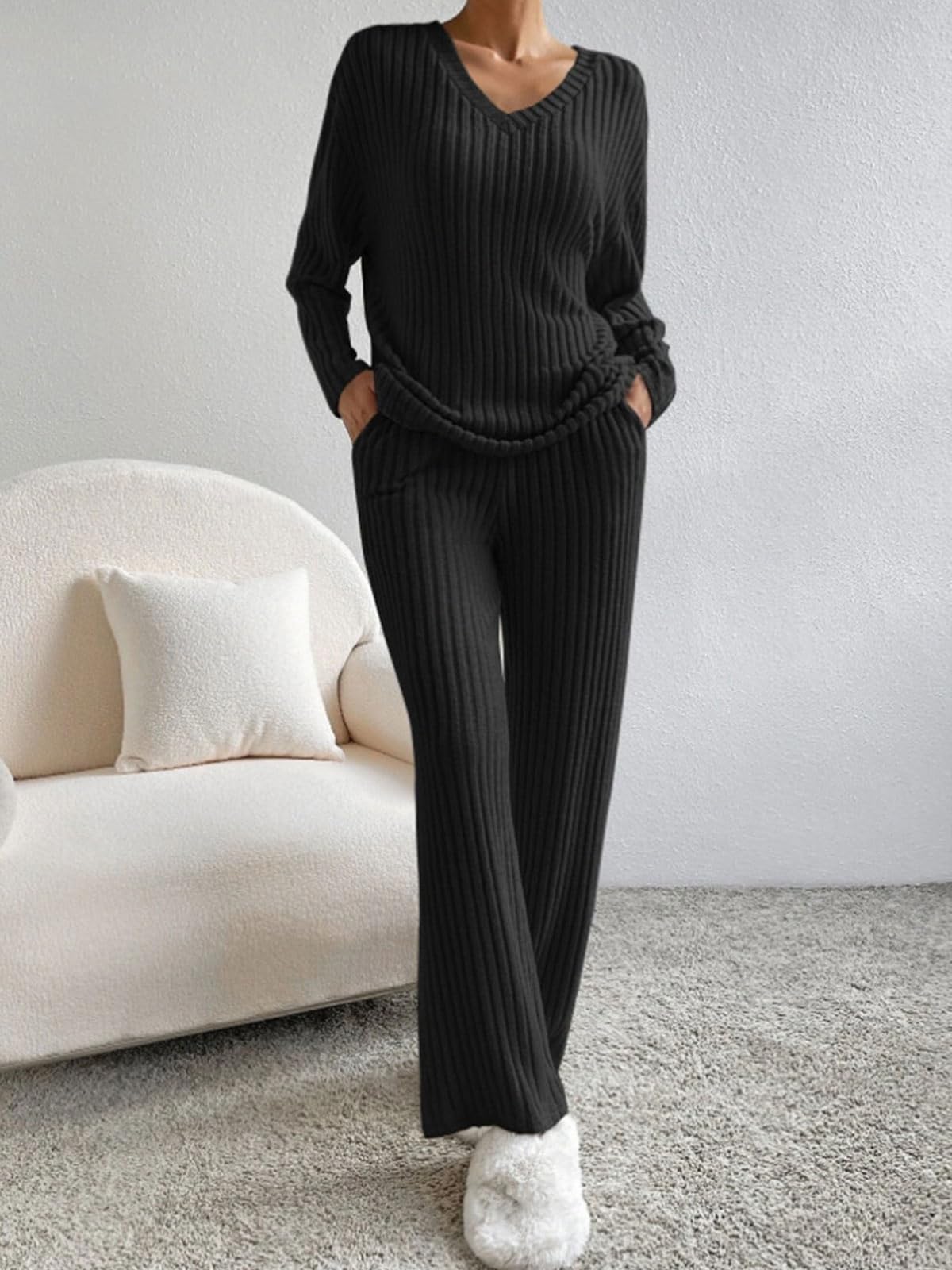 CheChury Zweiteiler Damen Lounge Set V-Ausschnitt Einfarbig Loungewear Gerippt Shirt Top Langärm mit Hose 2-Teiliges Hausanzug Jogginganzug Loungewear Nachtwäsche Hauskleidung Freizeit Outfit