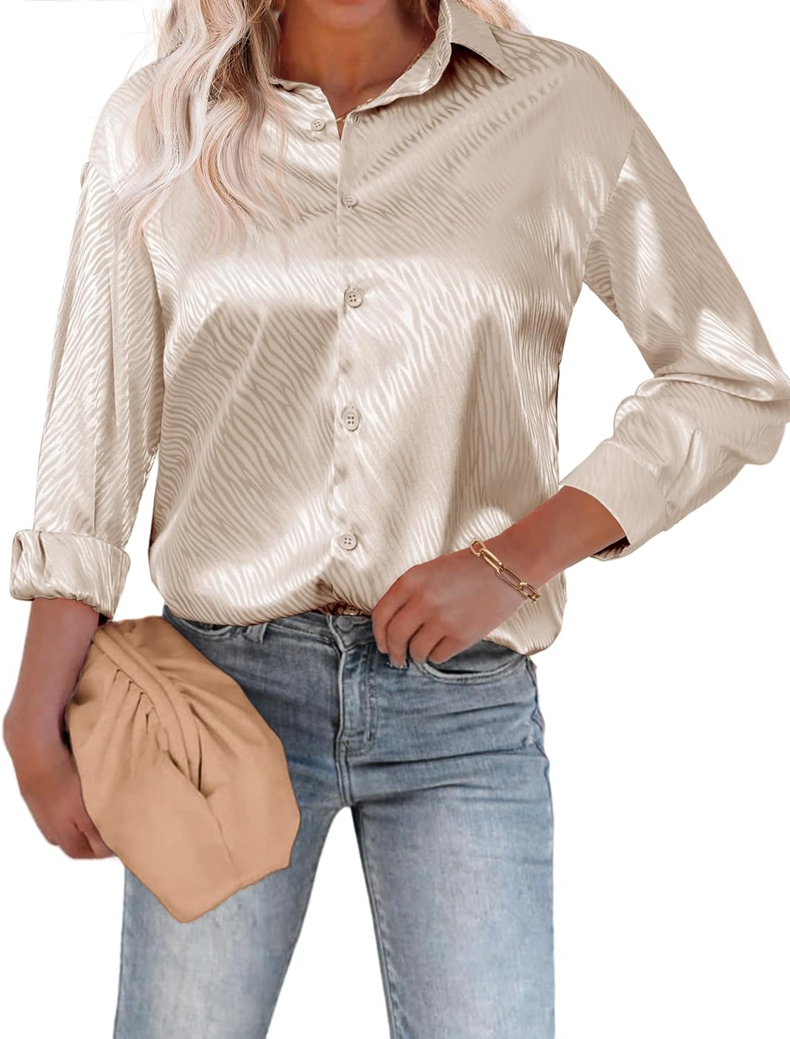 Beyove Damen Bluse Satin Seide V-Ausschnitt Hemden Elegant Langarm Business Oberteile mit Knöpfen Tops Lose Langarmshirt