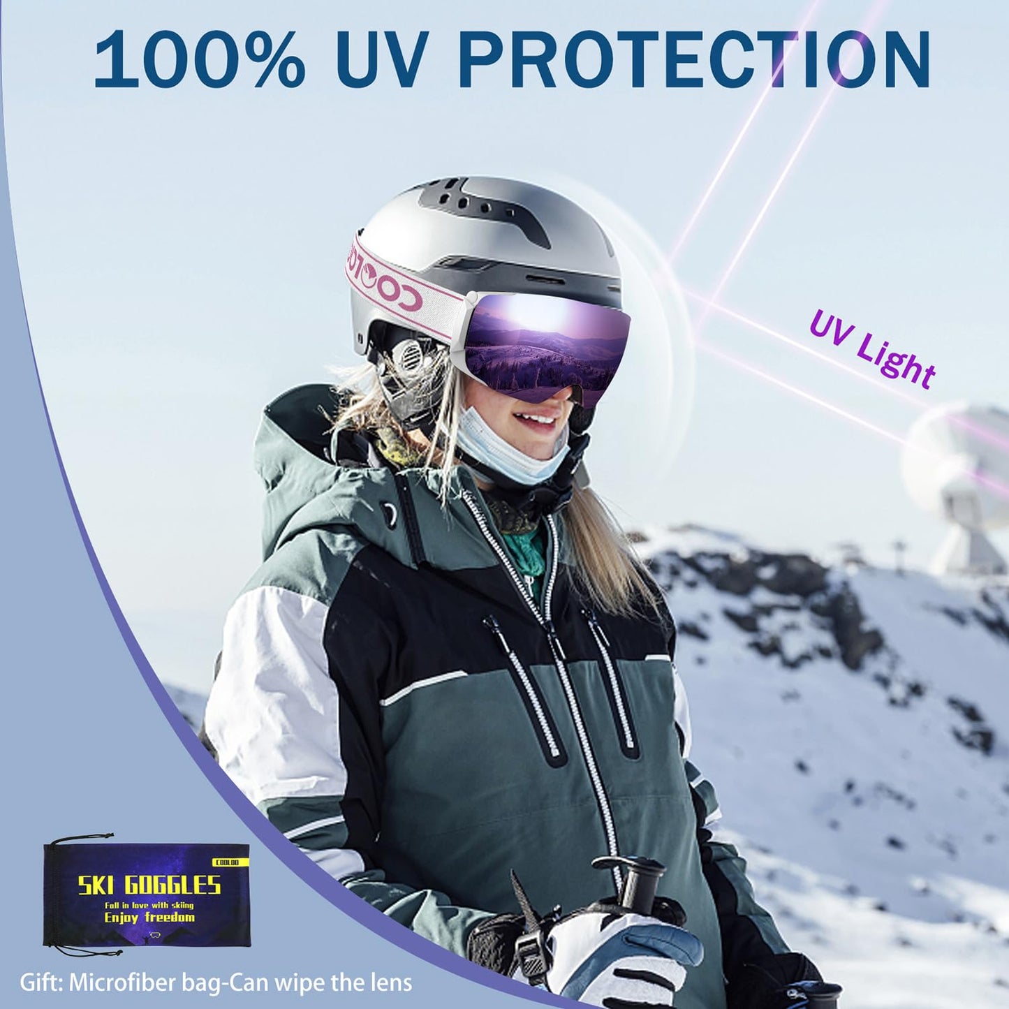 COOLOO Ski Goggles Men Women Teenagers Magnetic OTG Frameless Anti-Fog Protection with 100% UV Protection