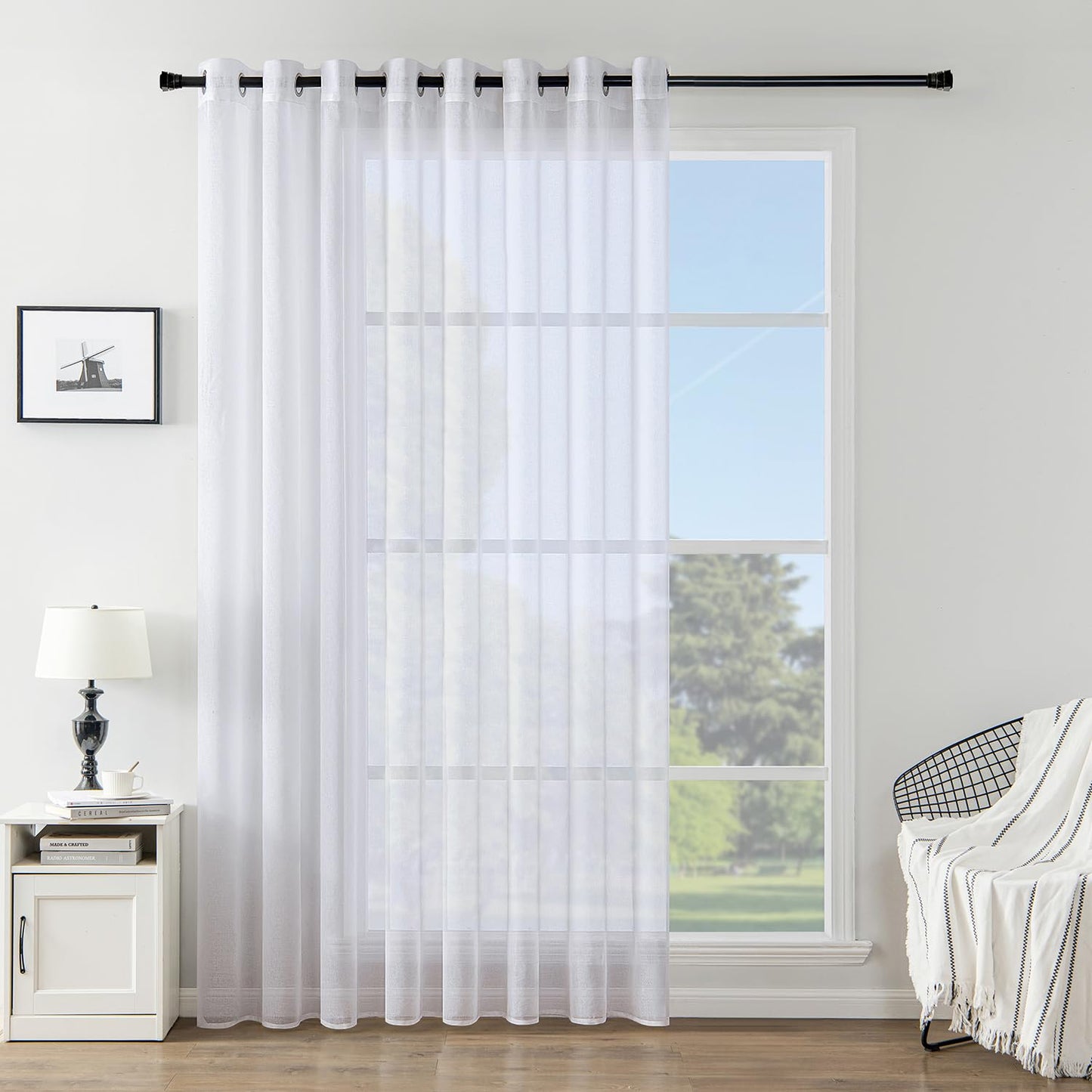 Woaboy Voile Curtains, Short Curtains, Transparent Living Room with Eyelets, Store Curtains for the Bedroom, Eyelet Curtain, Panel Curtain, Loop Curtains, Modern, Set of 2, 140 x 145 cm (W x H), Beige