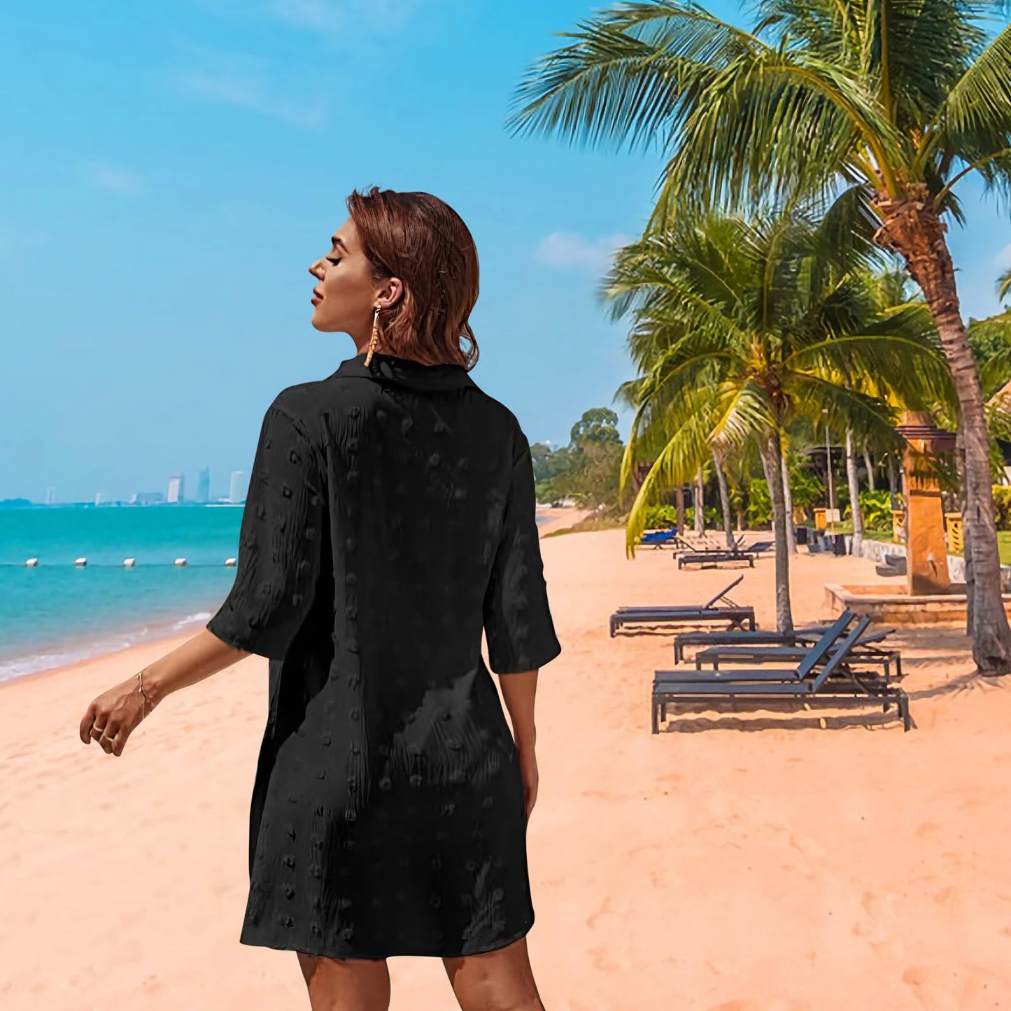 Figarge Strandkleid Damen Bikini Cover Up V-Ausschnitt Baumwolle Strandtunika Sommer Pareos Button Down Strandponcho Badeanzug Strand