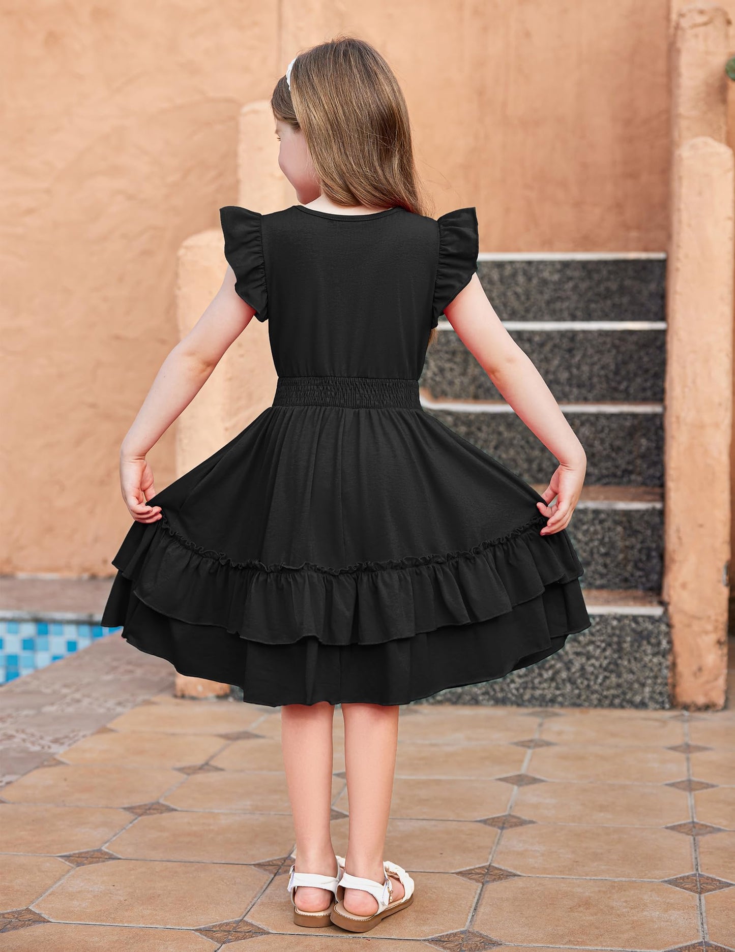 Arshiner Mädchen Kleider Flatterärmel Kinder Sommer Baumwolle Festliche Kleid A-Linie Taille Einschnüren Freizeitkleid Swingkleid Elegant ärmelloses Kleid für Mädchen 5-13 Jahre