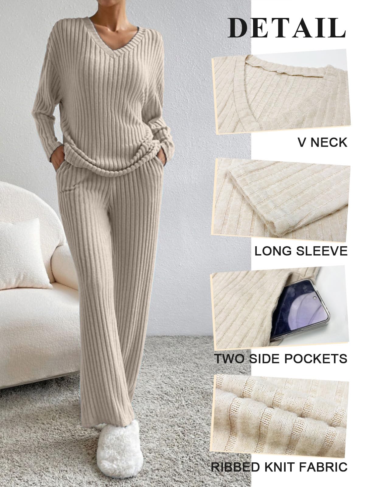 CheChury Zweiteiler Damen Lounge Set V-Ausschnitt Einfarbig Loungewear Gerippt Shirt Top Langärm mit Hose 2-Teiliges Hausanzug Jogginganzug Loungewear Nachtwäsche Hauskleidung Freizeit Outfit