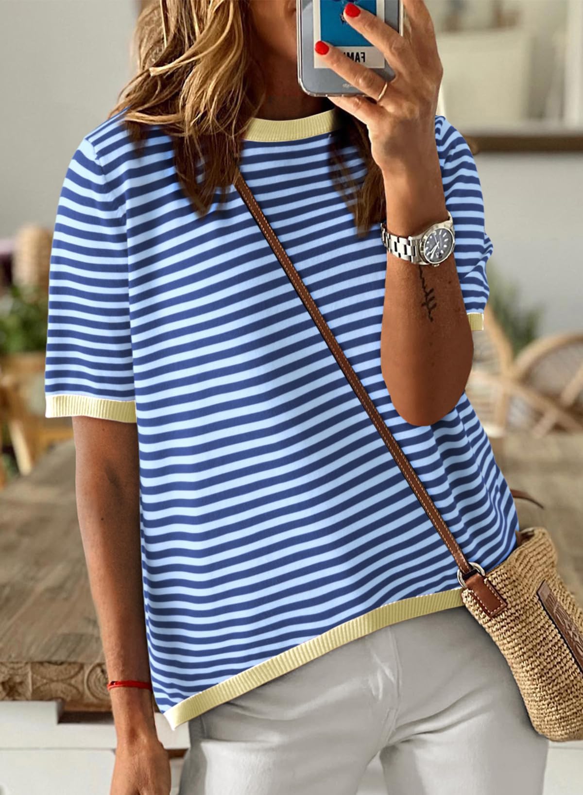 Cuptacc Tshirt Damen Baumwolle Shirt Damen Oberteile Sommer Gestreiftes Rundhals Basic Tops Kurzarm Tunika Damen Blusen Elegant Weiß Schwarz