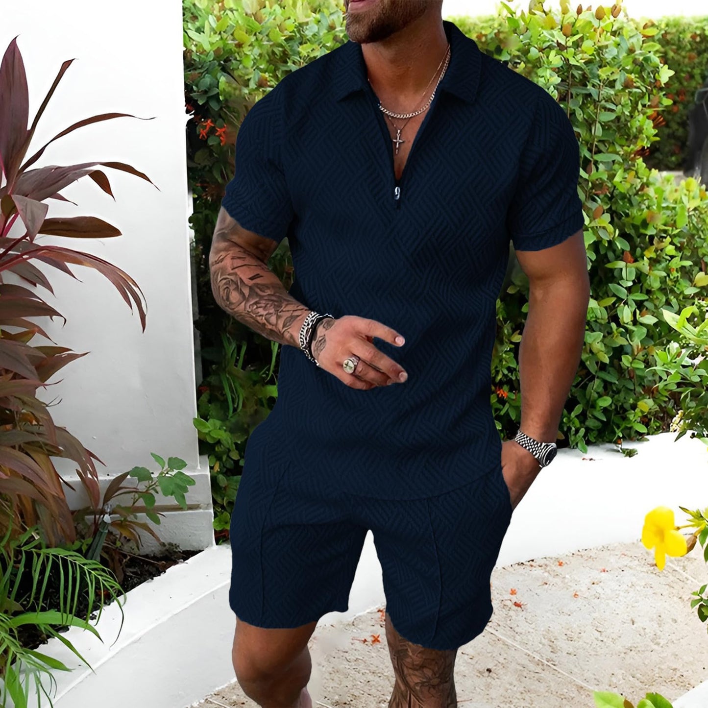 Herren Sportanzug Sommer Trainingsanzug Kurzarm Reißverschluss Top und Shorts Kleidung Set