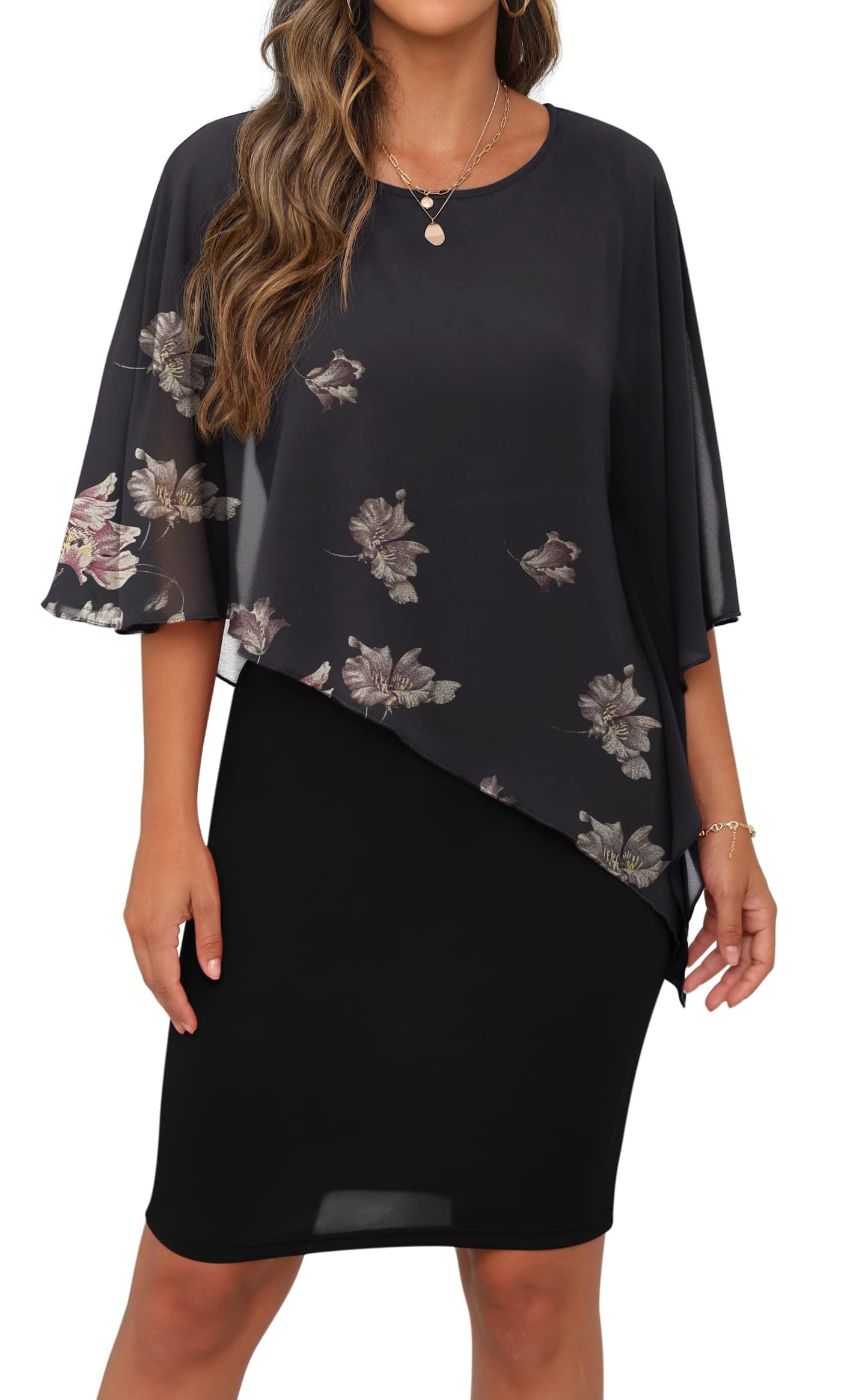 QIXING Damen Chiffon Cape Cocktialkleid Rundhals Ausschnitt Bleistiftkleid Sommerkleid Damen Knielang Elegant Abendkleid Mit Overlay Casual Bodycon Kleider
