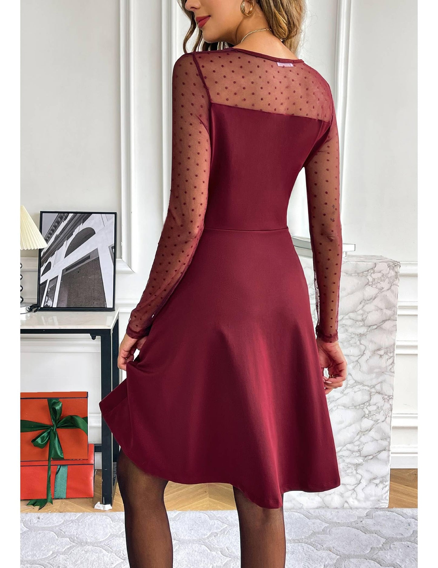 Zeagoo Kleid Damen Elegant Spitze A Linie Partykleid Hohe Taille Cocktailkleid Minikleid Festliches Kleid Einfarbig Mesh Kleid Sexy Swing Kleider S-XXL