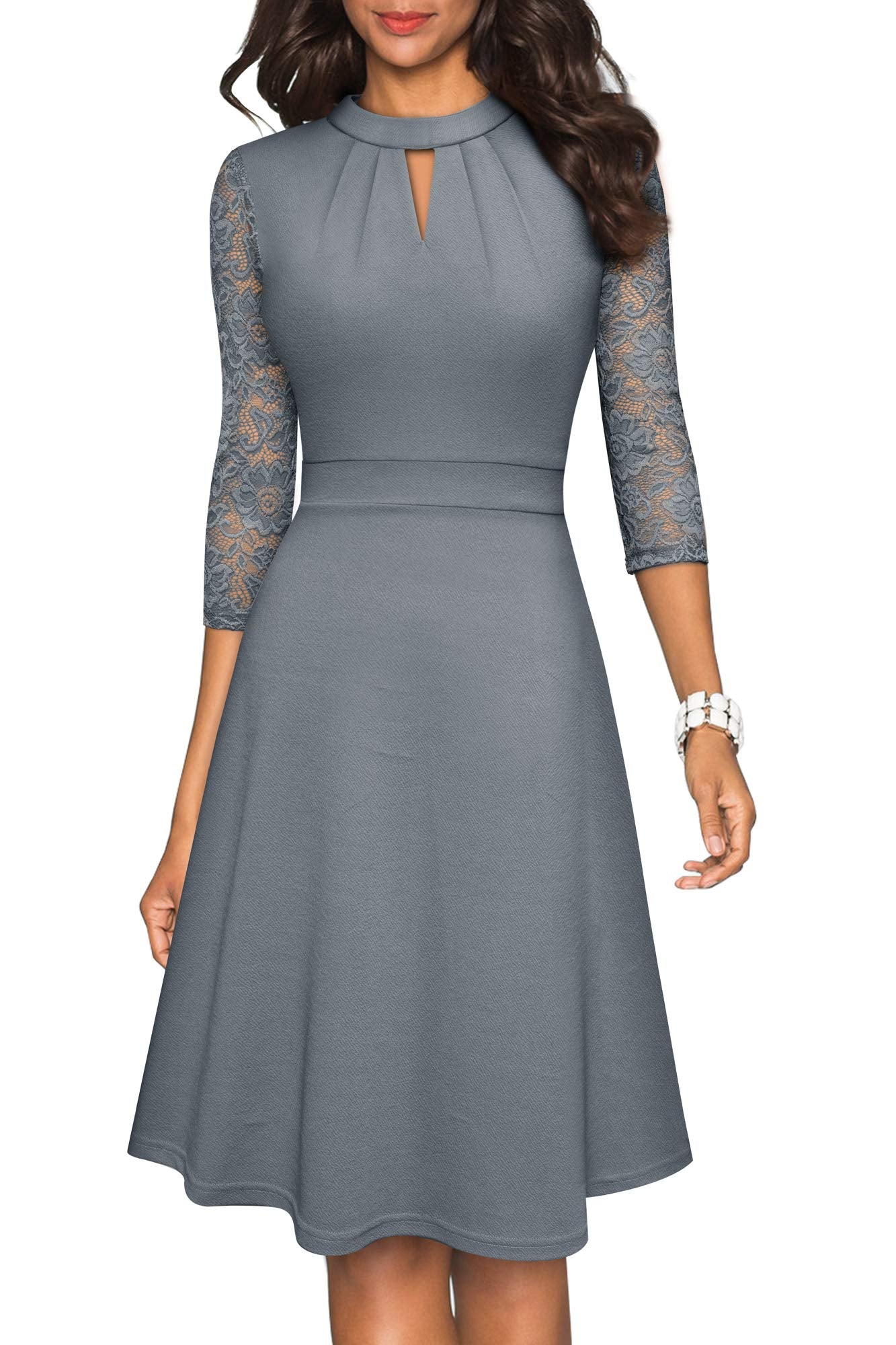 HOMEYEE Damen Elegant Hollow Out Spitze Swing Retro Party Cocktailkleid A234