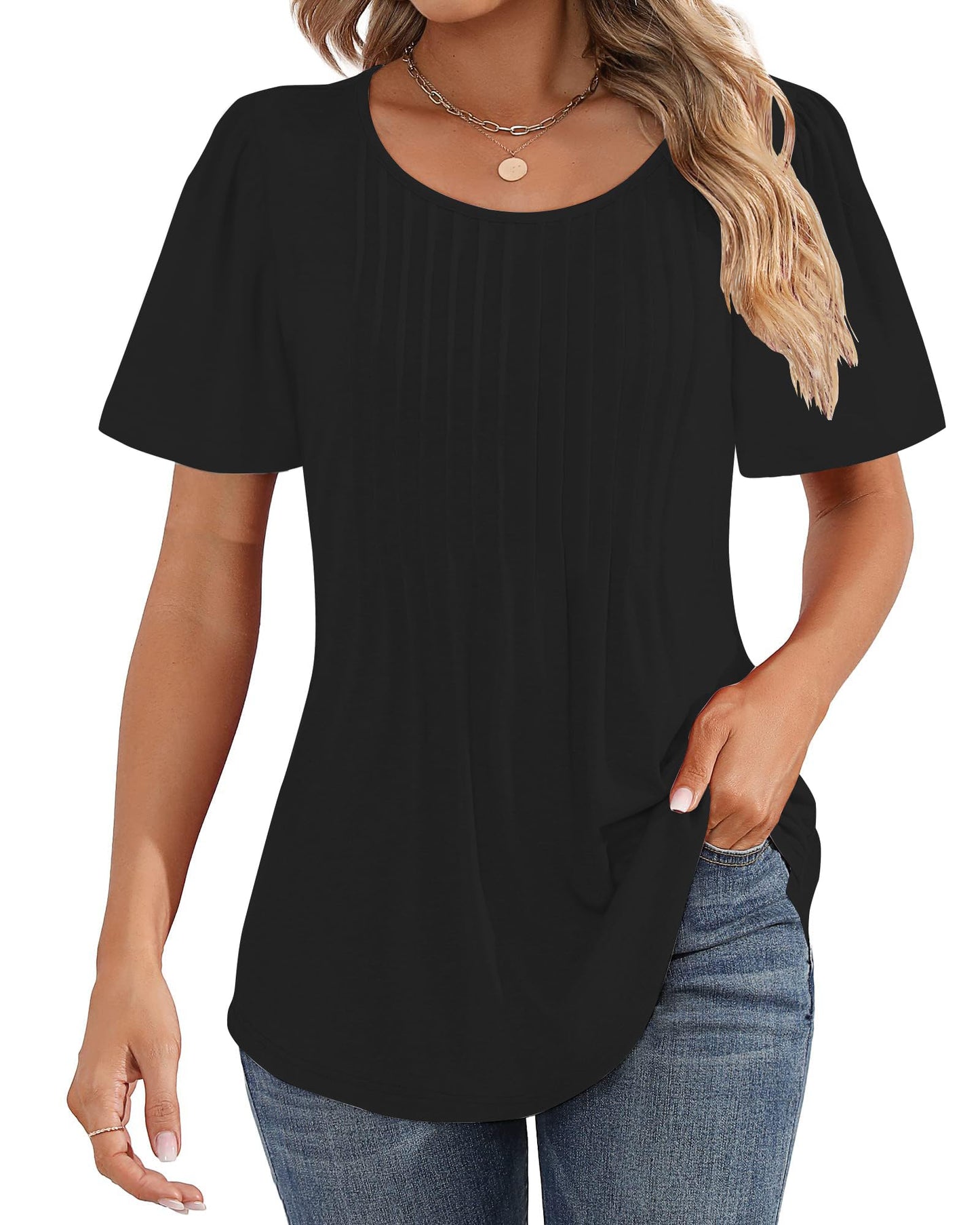 Cuptacc Tshirt Damen Rundhals Mit Falten Locker Puffärmel T-Shirt Elegant Kurzarm Geblümt/Einfarbig Top Damen